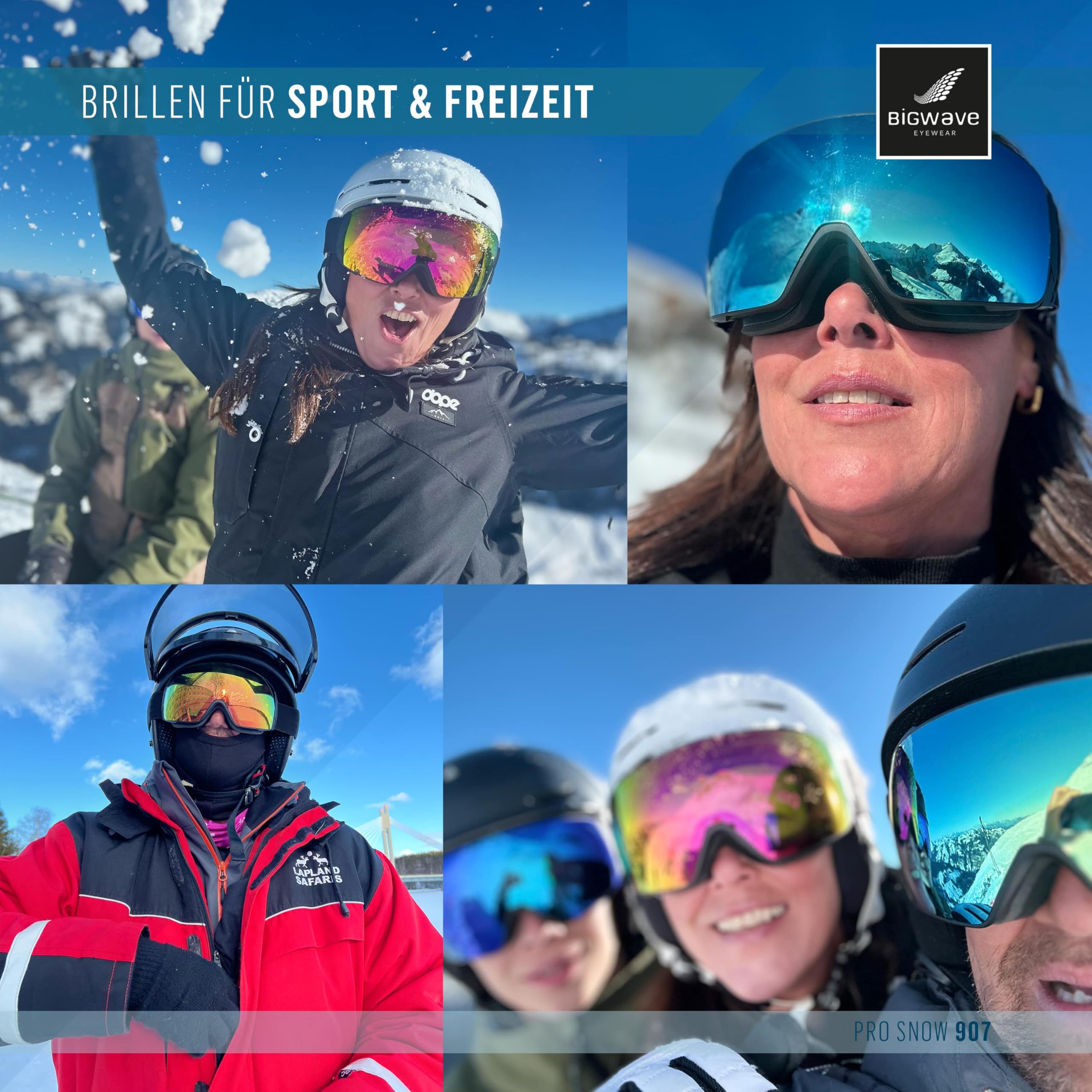 BIGWAVE Pro-Snow 907 Skibrille, Snowboardbrille im Deluxe-Set mit 2 magnetischen Wechselgläsern, UV 400, Anti-Fog, für Damen, Herren, inkl. Case, Beutel, Putztuch