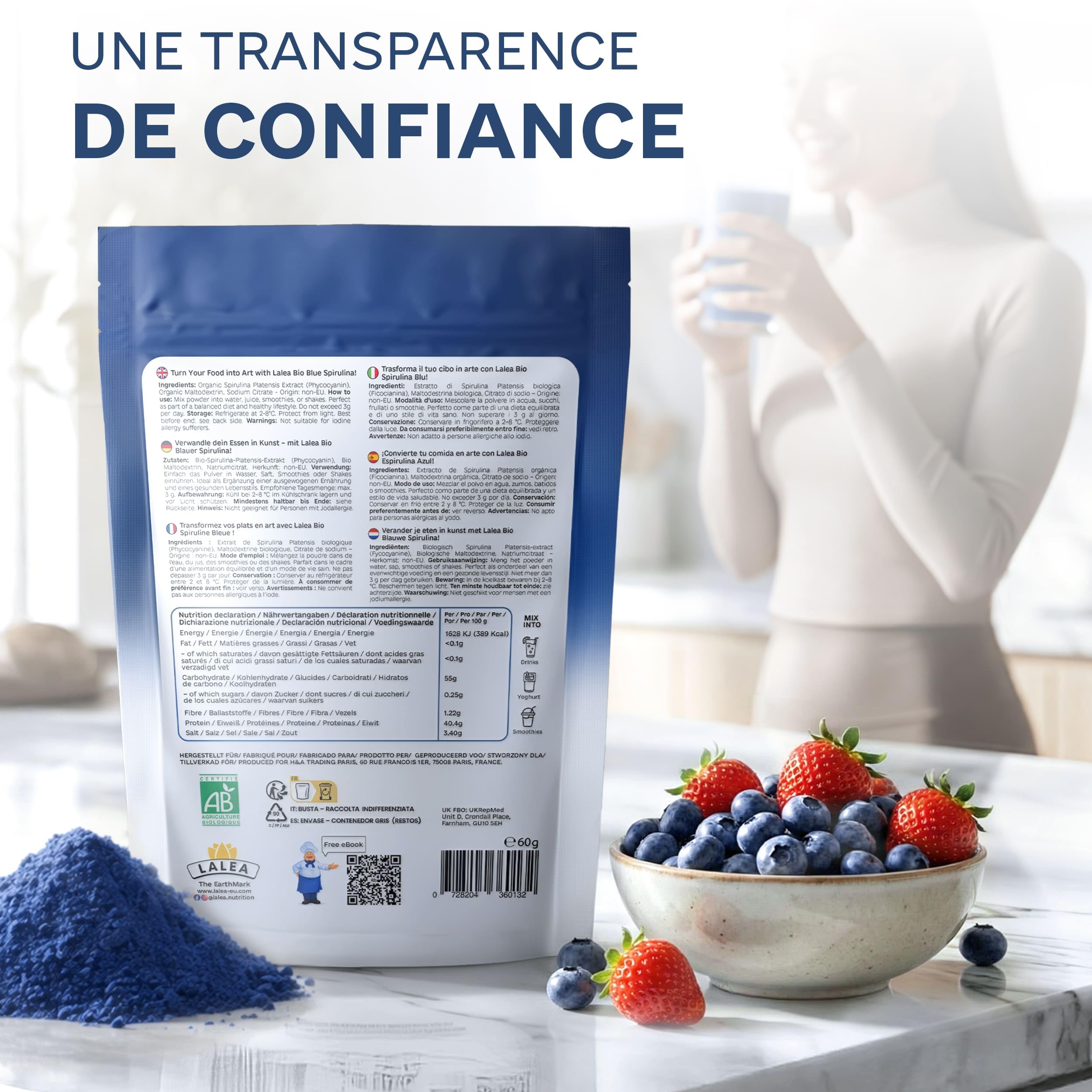 LALEA Spiruline Bleue BIO en Poudre 55g – Phycocyanine Bleue Pure Bio – Colorant Alimentaire Poudre Bleu Naturel (E18) – Spiruline Bleu Poudre pour Smoothies, Pâtisserie, Boissons & Desserts