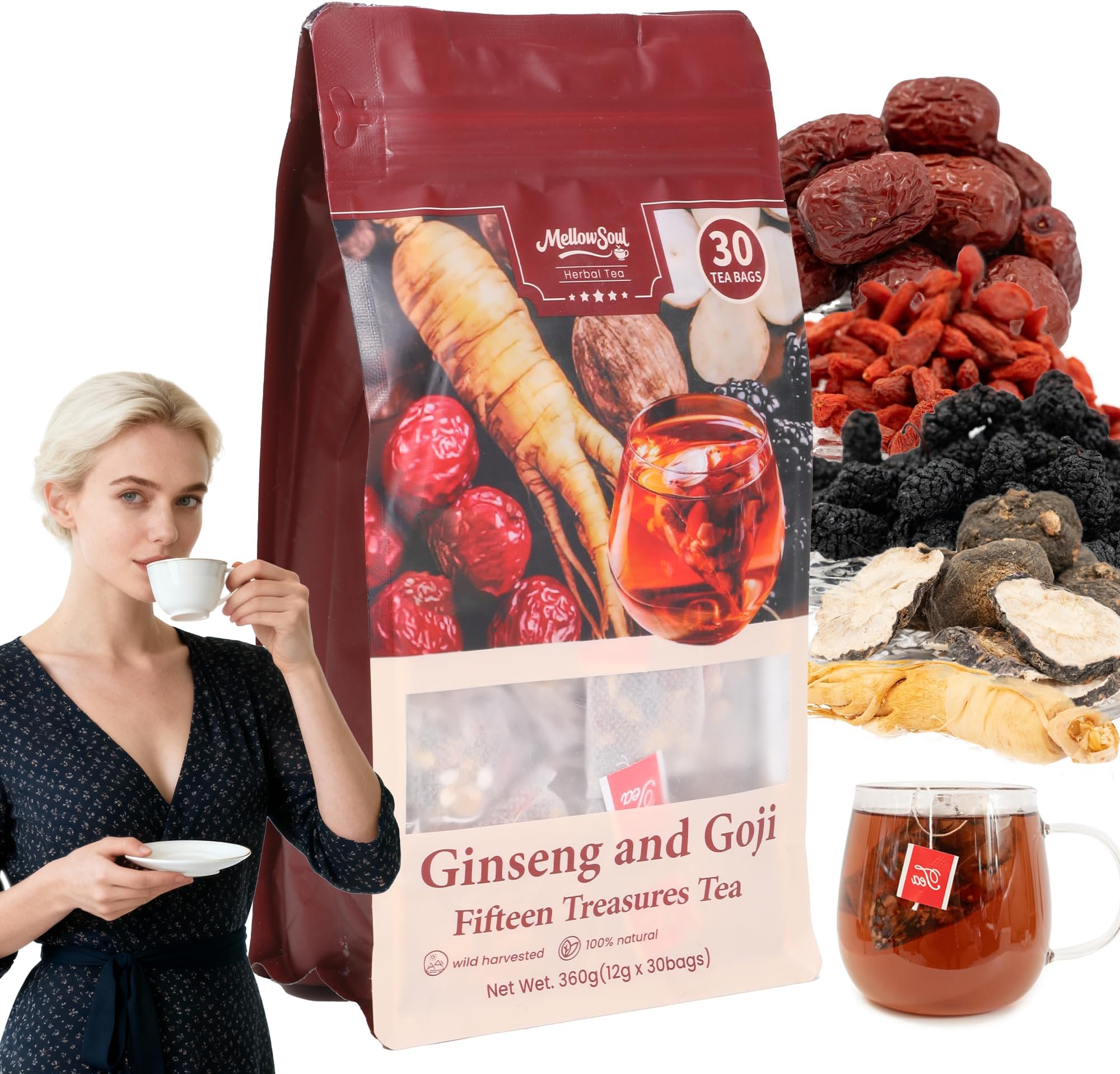 MellowSoul 30Bags Kidney Tea for Women Men - Ginseng Fifteen Treasure Natural Organic Kidney Cleanse Detox Tea in Biodegradable Herbal Teabags for Kidney Health, Caffeine-Free Wellness & Vitality Support(1 Pack)