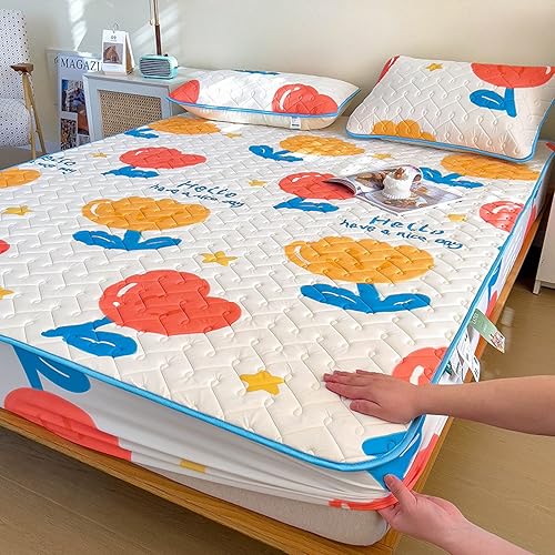 Protector de colchón tamaño Queen, sábana acolchada de látex fresco de verano, para habitación de los niños, funda de colchón con bolsillo profundo