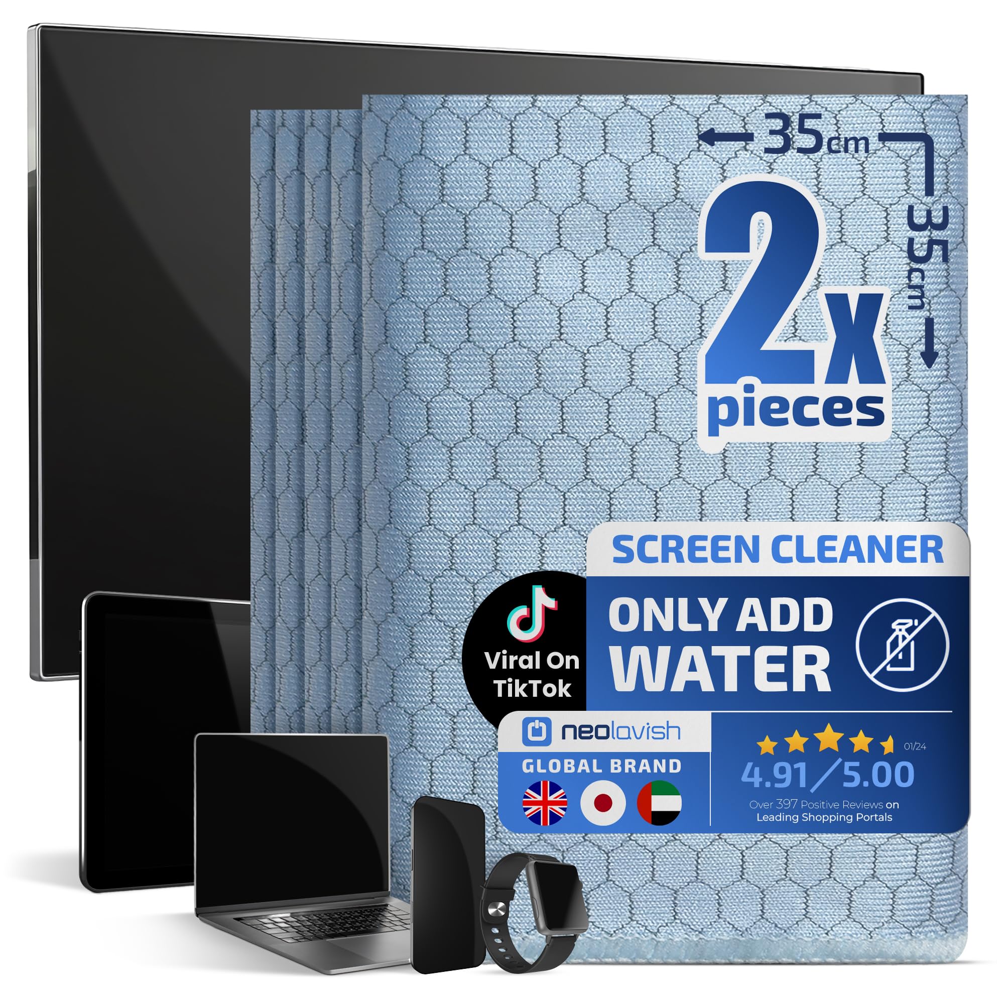 Neolavish® - TV Screen Cleaner Cloth - Just Add Water | Streak-Free Wipes for OLED & Monitor Screens | Large 35x35cm 2pcs
