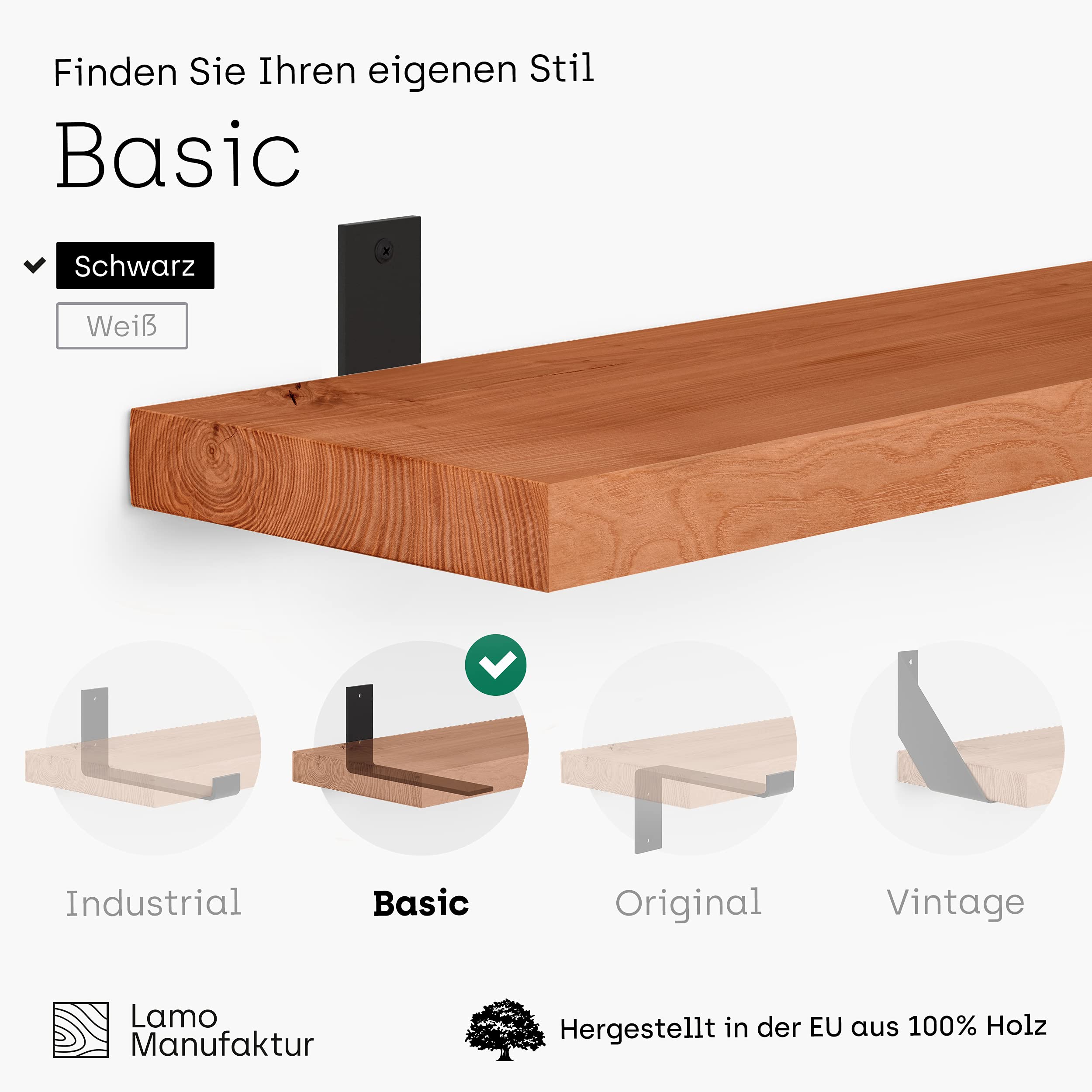 Manufaktura LAMO drewniana półka wisząca, krawędź prosta, półka na książki z 2 metalowymi wspornikami, ciemny jesion 120 cm, LWG-01-A-004-120L