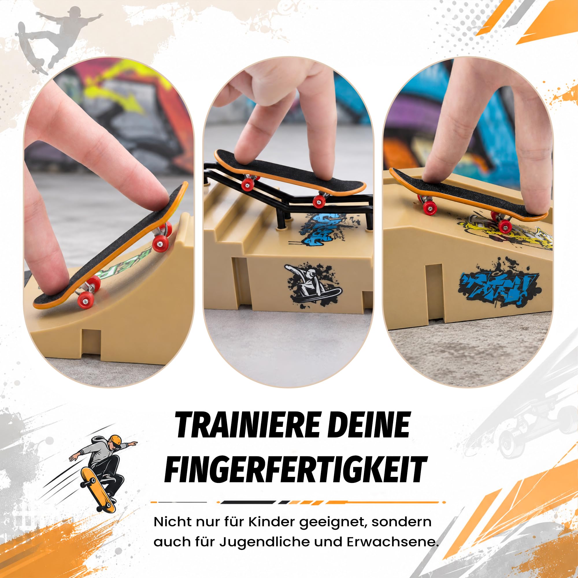 iPalamila Zestaw 6 w 1 deskorolka parkowa – z 6 rampami i 6 mini fingerboardami – idealna dla fanów fingerboardów, dzieci i początkujących, do ćwiczenia sztuczek i zabawy.