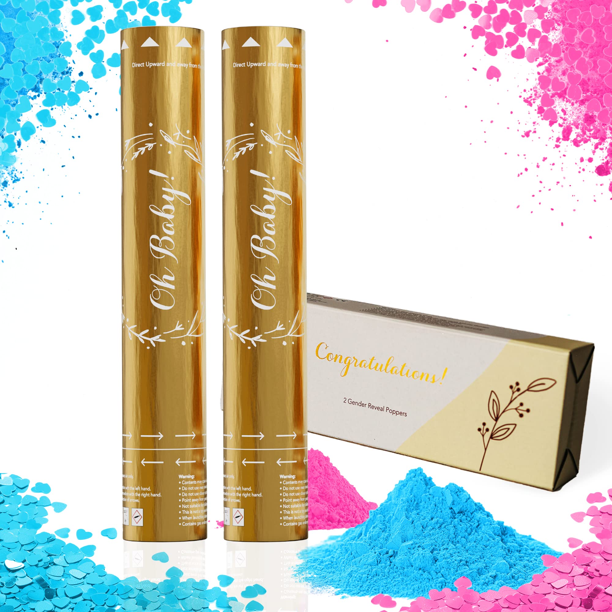 Team Planet Kit de Cañón de Confeti para Revelacion Genero Bebe - Juego de 2 con Confeti y humo revelación de género bebe Biodegradables para Fiesta de Baby Shower - 1 Azules y 1 Rosas.