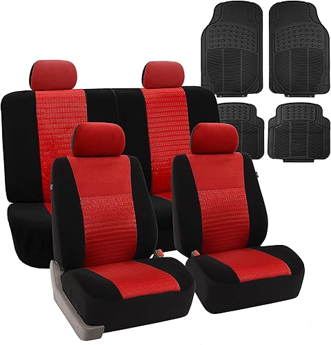 FH Group Juego combinado juego completo de fundas de asiento de automóvil de malla de aire 3D, con bolsas de aire y alfombrillas de goma negra, se