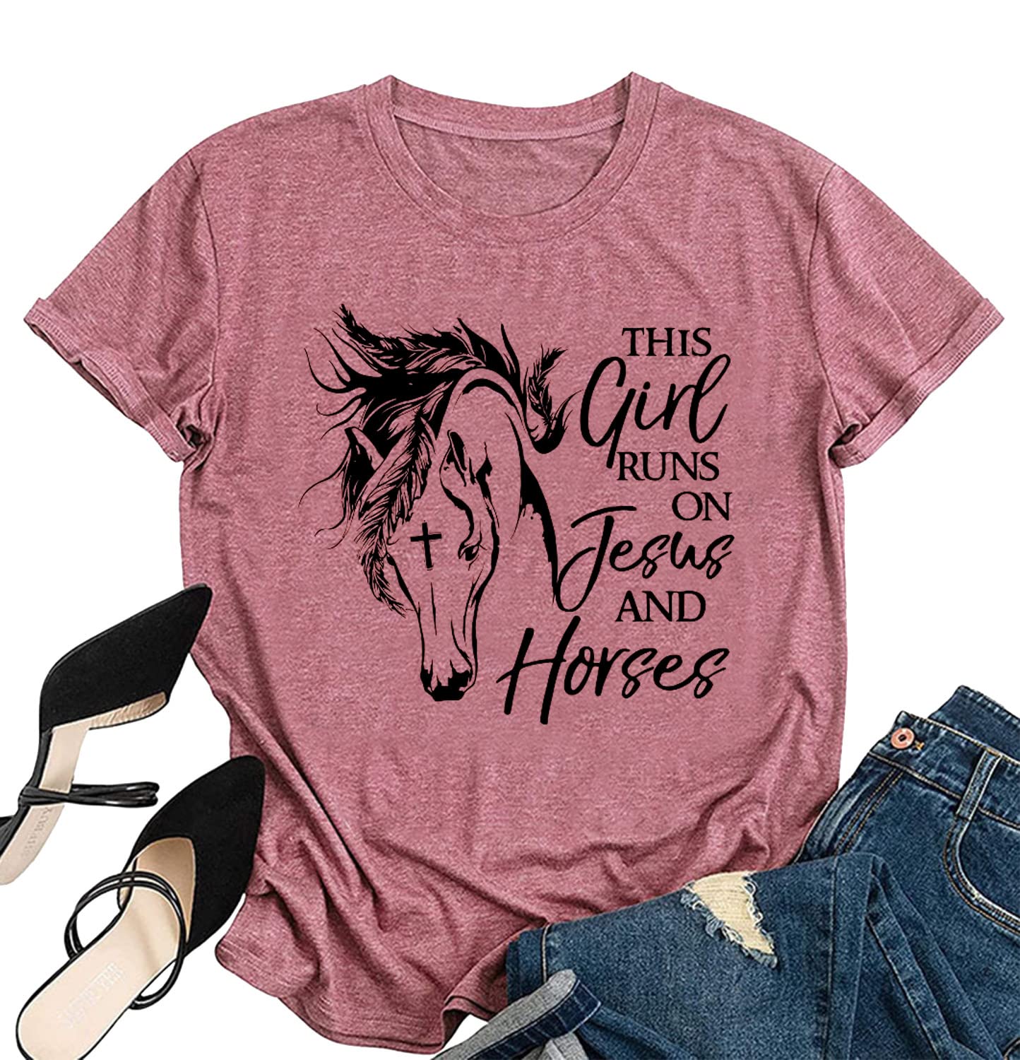 GenericChristian Shirts for Women This Girl Runs on Jesus and Horses Horse T-Shirt Casual Short Sleeves Tee Summer Top
