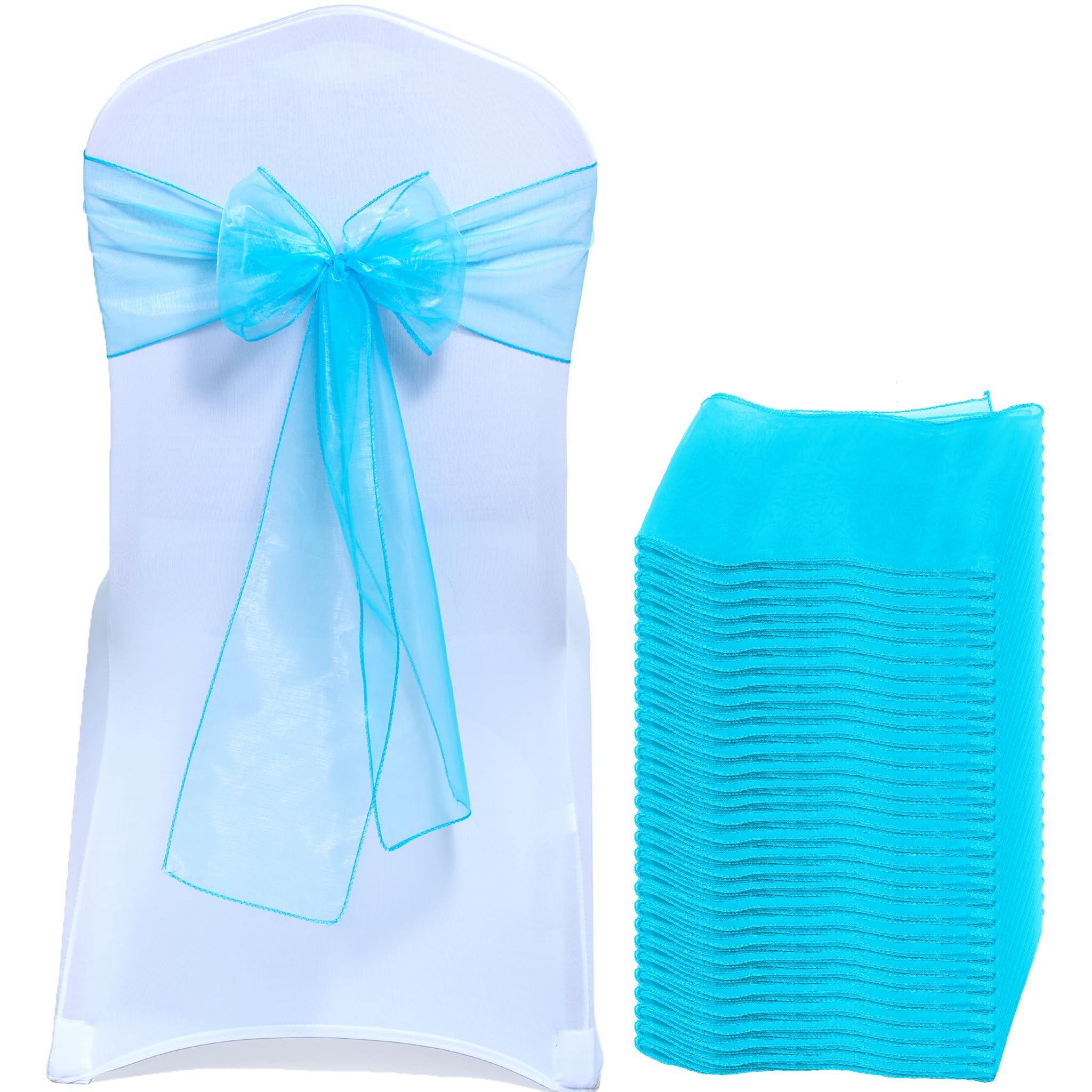 EDecor Pack of 50 Organza Chair Sashes for Wedding & Party Decorations – Reusable Sheer Chair Bows Tie Back for Banquet Chairs, Bridal Shower, Birthday, Reception Event Styling Décor - Turquoise