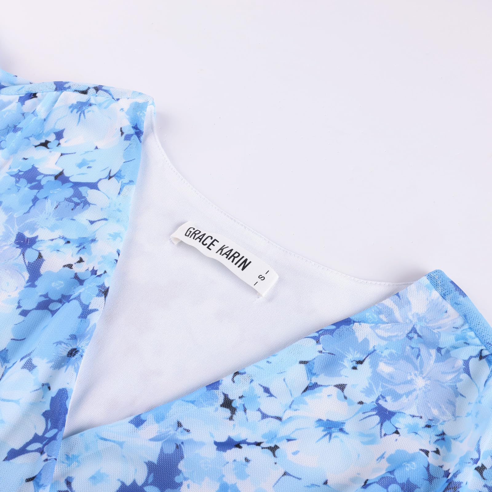 GRACE KARIN Damen Blumen Boho Bluse V-Ausschnitt Rüschen Kurzarm Shirt Plissiert Mesh Oberteile Slim Fit Vintage Sommer Top