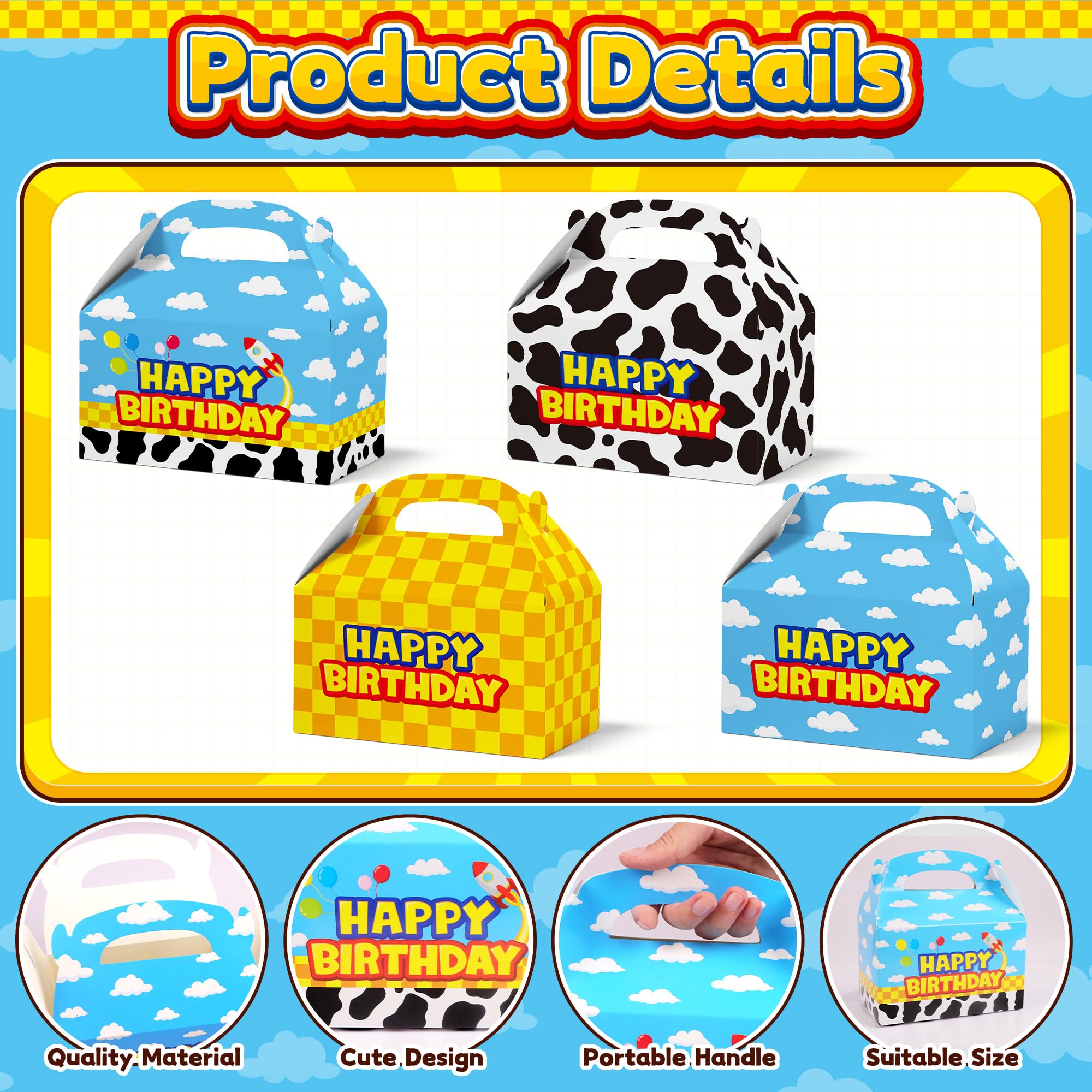 Bsenhe 16PCS Cartoon Gift Bag, Cartoon Birthday Decorations Goodie Bags Party Favor Boxes for Theme Birthday Party Supplies Sky White Cloud Cow Print Candy Bags
