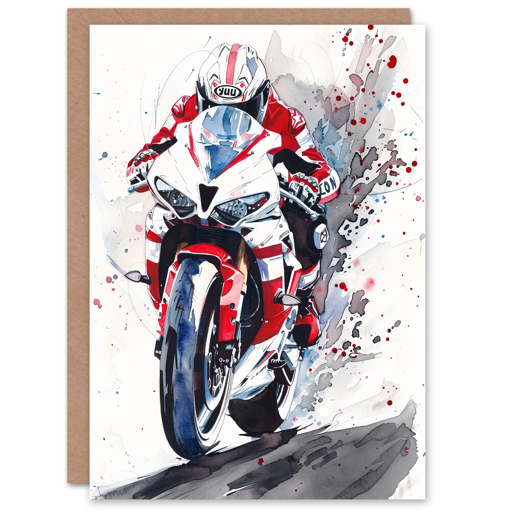 Artery8 Greeting Card Superbike Motorcycle Rider Race Sport Watercolour For Him Man Birthday Card