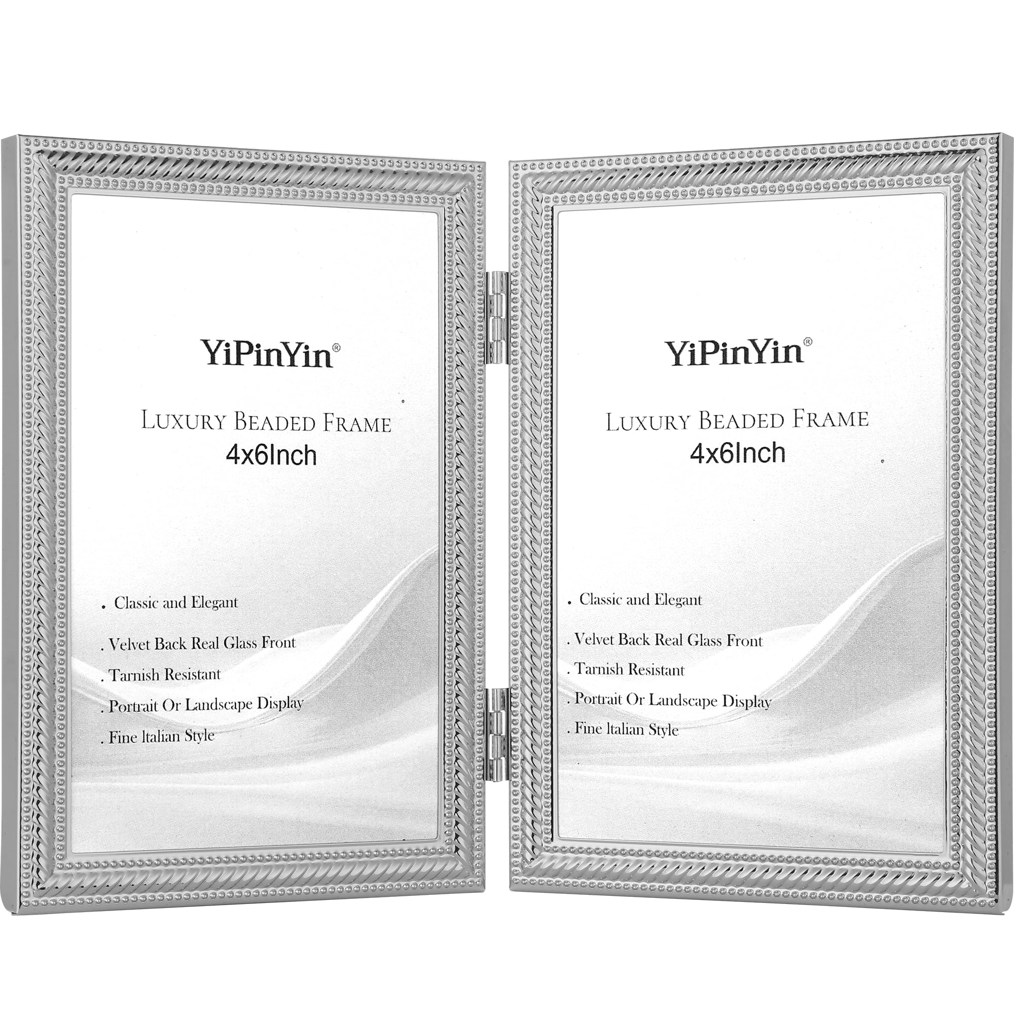Elegant Silver Plated 4x6'' Double Picture Frame,Beaded Metal Frame 6x4'' with Real Glass & Velvet Backing,Hi End Classy Silver Double Frame 6x4'' for Desktop Or Shelf Display