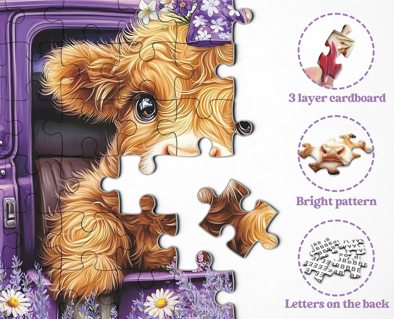 PPuzzling Highland Cow Puzzle for Adults 1000 Pieces, Cute Farm Cow Animal Puzzle Featuring Lavender Flower, Daisy Field & Purple Vintage Truck Scene Jigsaw Puzzle, Nature Floral Scenery Puzzle - Image 4
