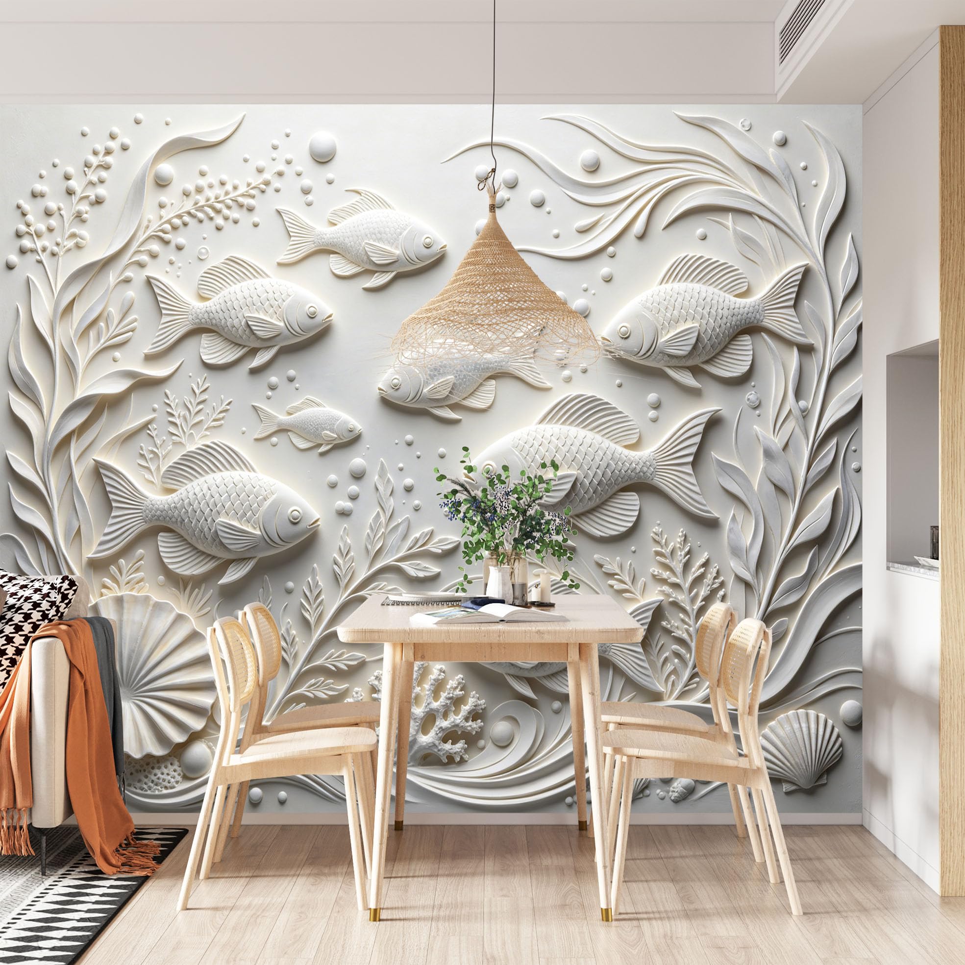 Papel Pintado Con Relieve 3D Peces De Mar Papel Pintado Autoadhesivo Pared 320Cmx600Cm(Hxw), Mural De Pared Con Relieve 3D, Papel Adhesivo No Tejido, Impermeable Y Removible Para Dormitorio Y Sala D
