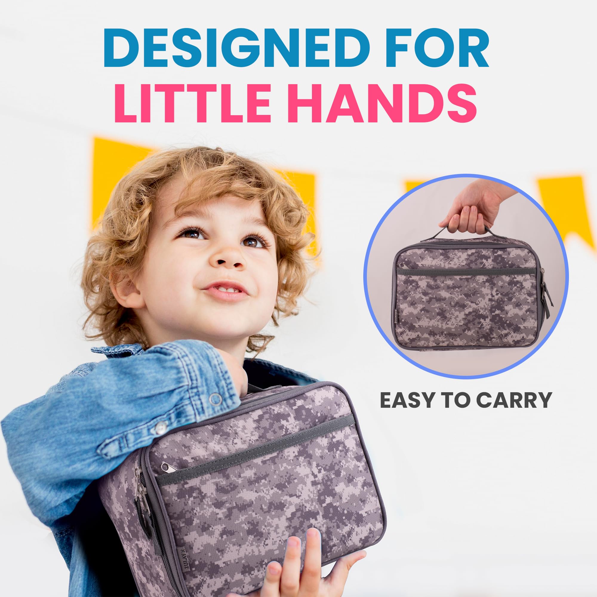Zulay Insulated Lunch Bag - Thermal Kids Lunch Box With Spacious Compartment & Built-In Handle - Portable Back To School Lunchbox For Kids, Boys, & Girls To Keep Food Fresh (Digital Camouflage)