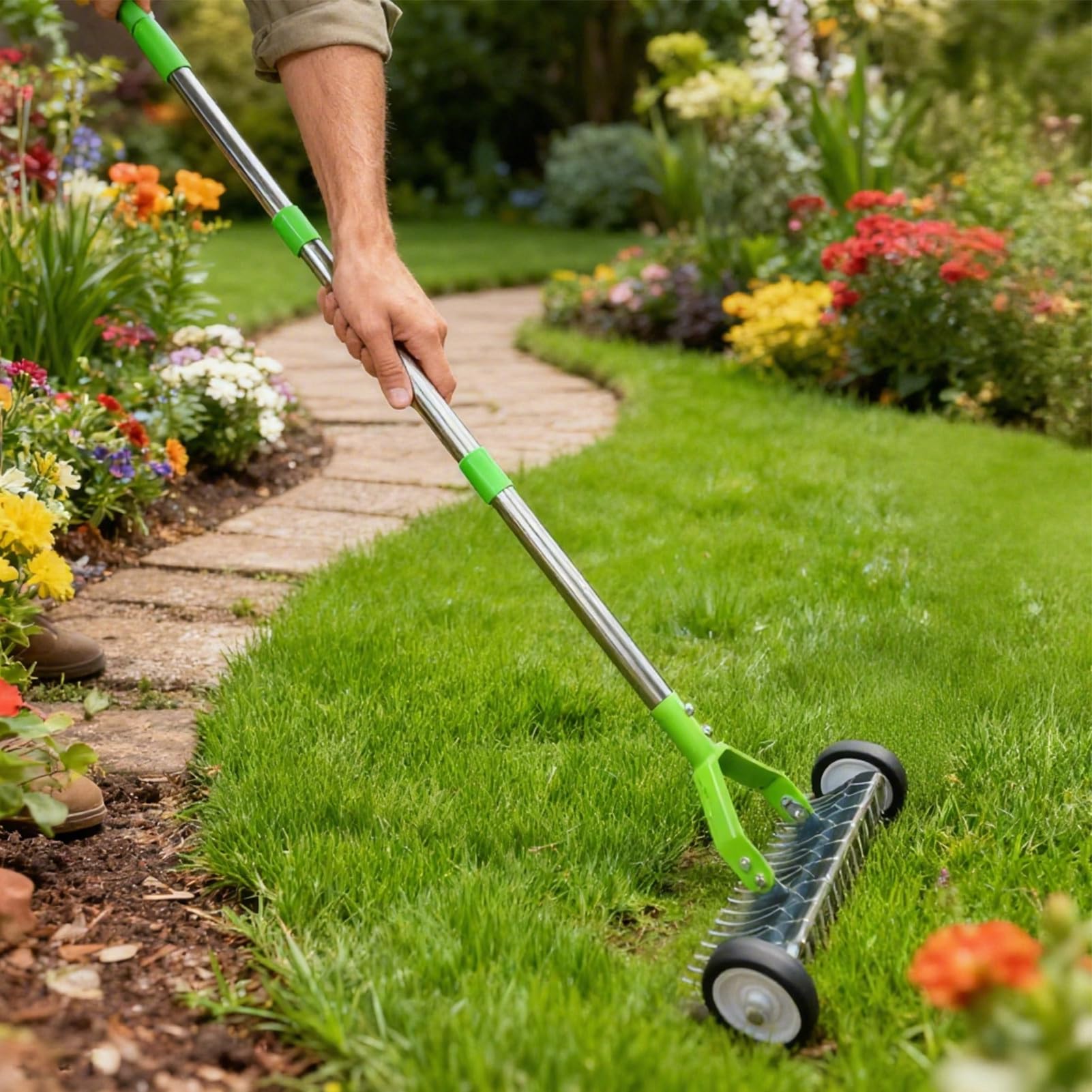 Rastrello Arieggiatore Per Prato Con Ruote Metallo Manico Lungo Attrezzi | Attrezzo Rastrello per Giardino e Paesaggistica con Ruote Per Esterno Giardino Cortile Foglie Tappeto Erboso Alle