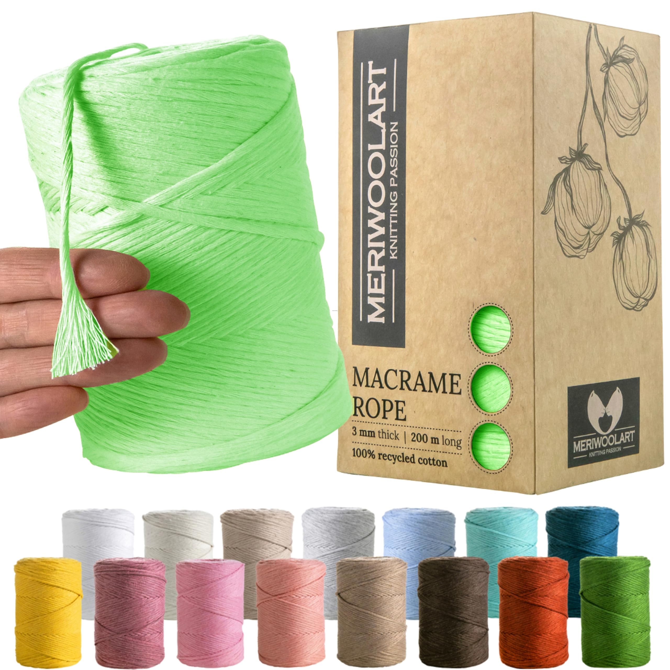 MeriWoolArt Macrame Cord 3mm Green - Macrame Rope 200m - Super Soft, Single Twist Macrame String - Oeko-Tex 100% Recycled Cotton Macrame Cord Coloured- For DIY Macrame Crafts, Boho Home Décor