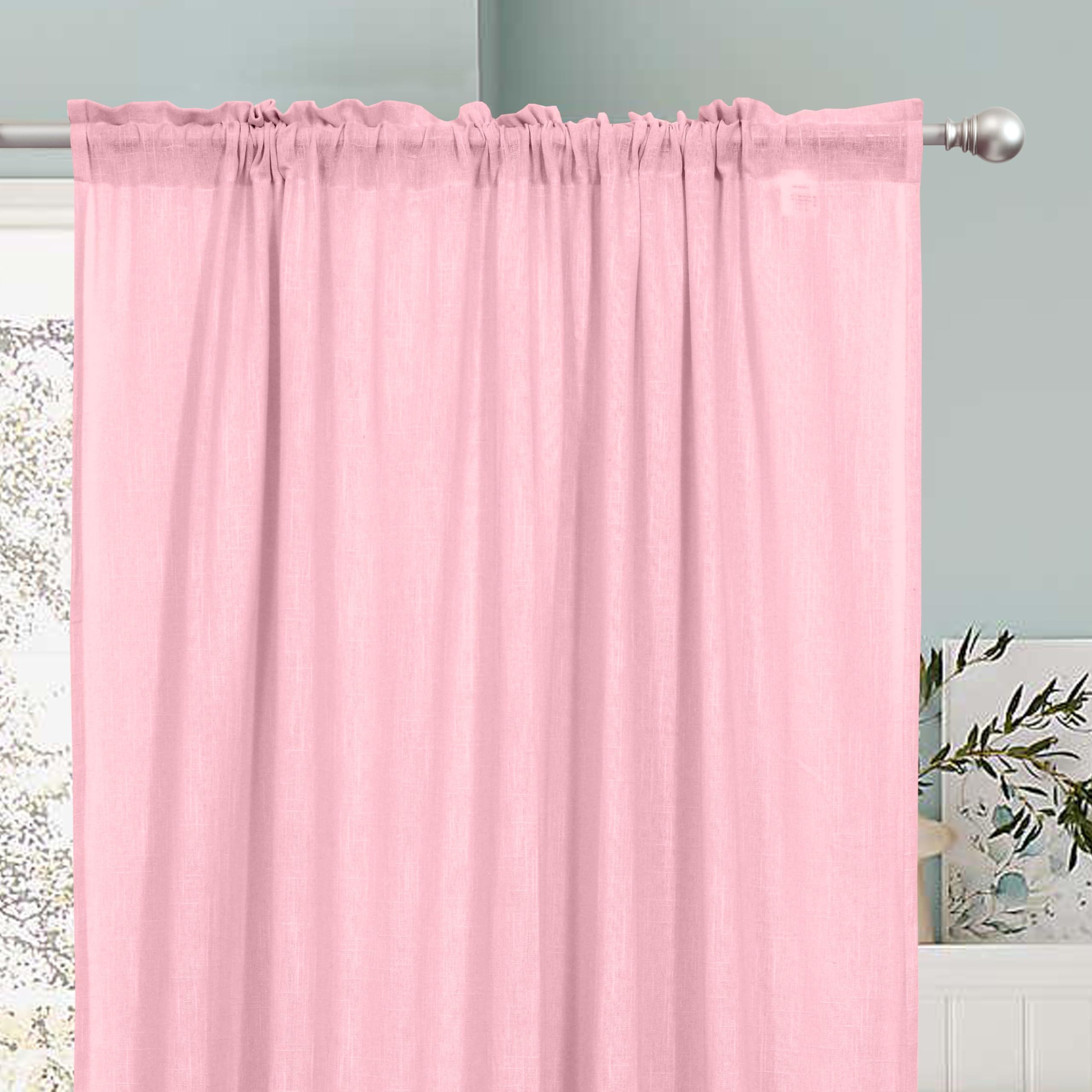 THE LINEN COMPANY Cotton Sheer Curtains with Linen Texture, Transparent Window Drapes, Rod Pocket Design, Light Filtering & Privacy Protection, Baby Pink, 5 Feet, Pack of 1