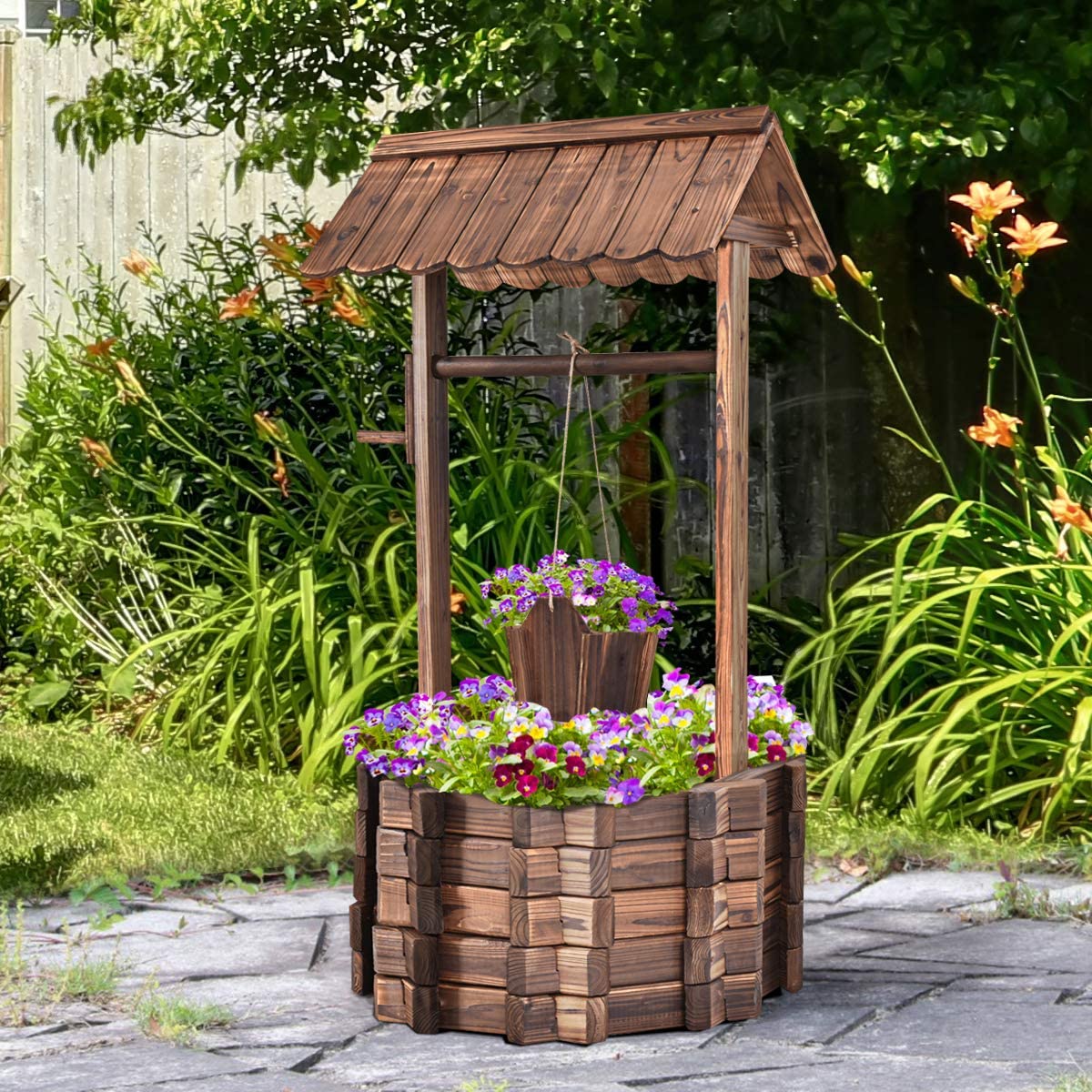 COSTWAY Fontaine de Jardin d'Ornement en Bois de Sapin Traité Carbonisation, Puit de Jardin 56 x 56 x 114 cm avec Seau et Manivelle, Décorative de Jardin