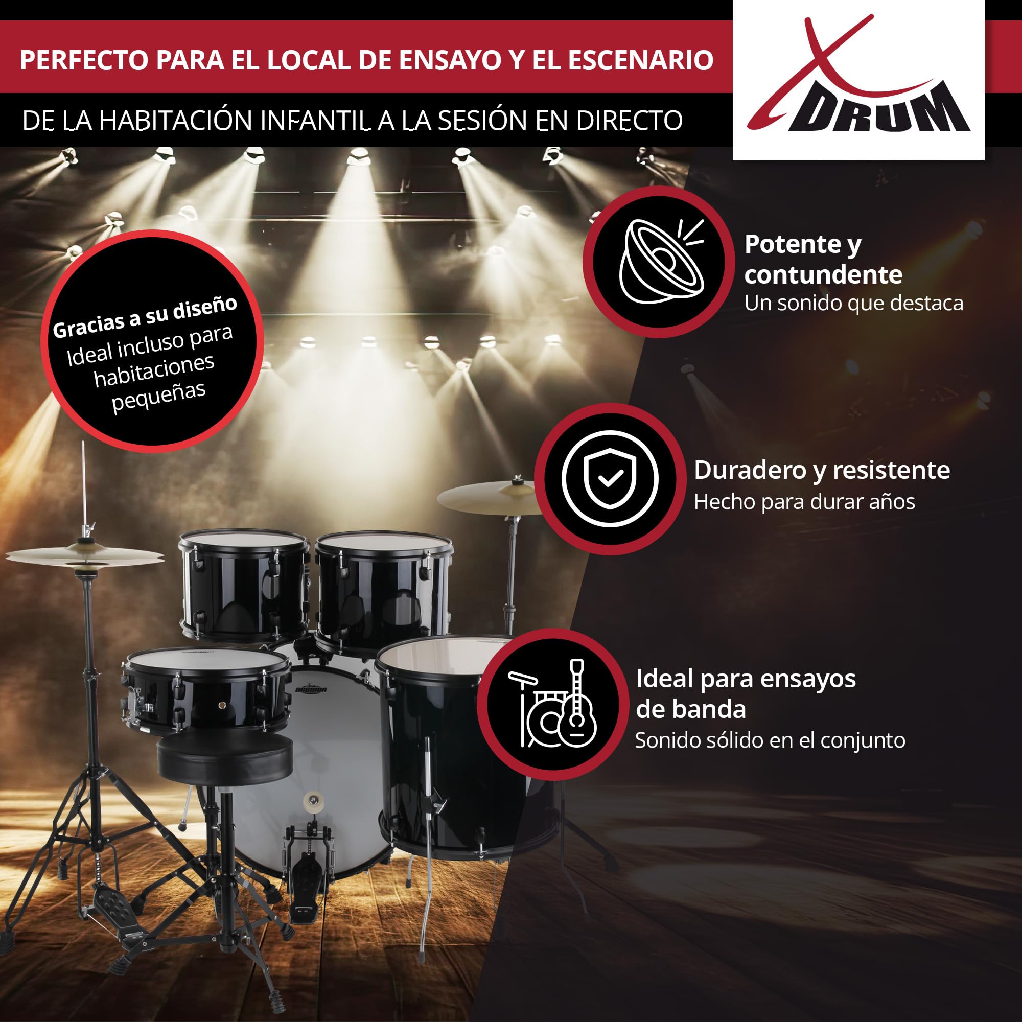 XDrum Rookie 22" Standard Set Completo de Batería Black - Ideal para Principiantes - Hardware Estilosa en negro - Incluye Baquetas 5B, Manual de Montaje y Escuela de Batería - Negro