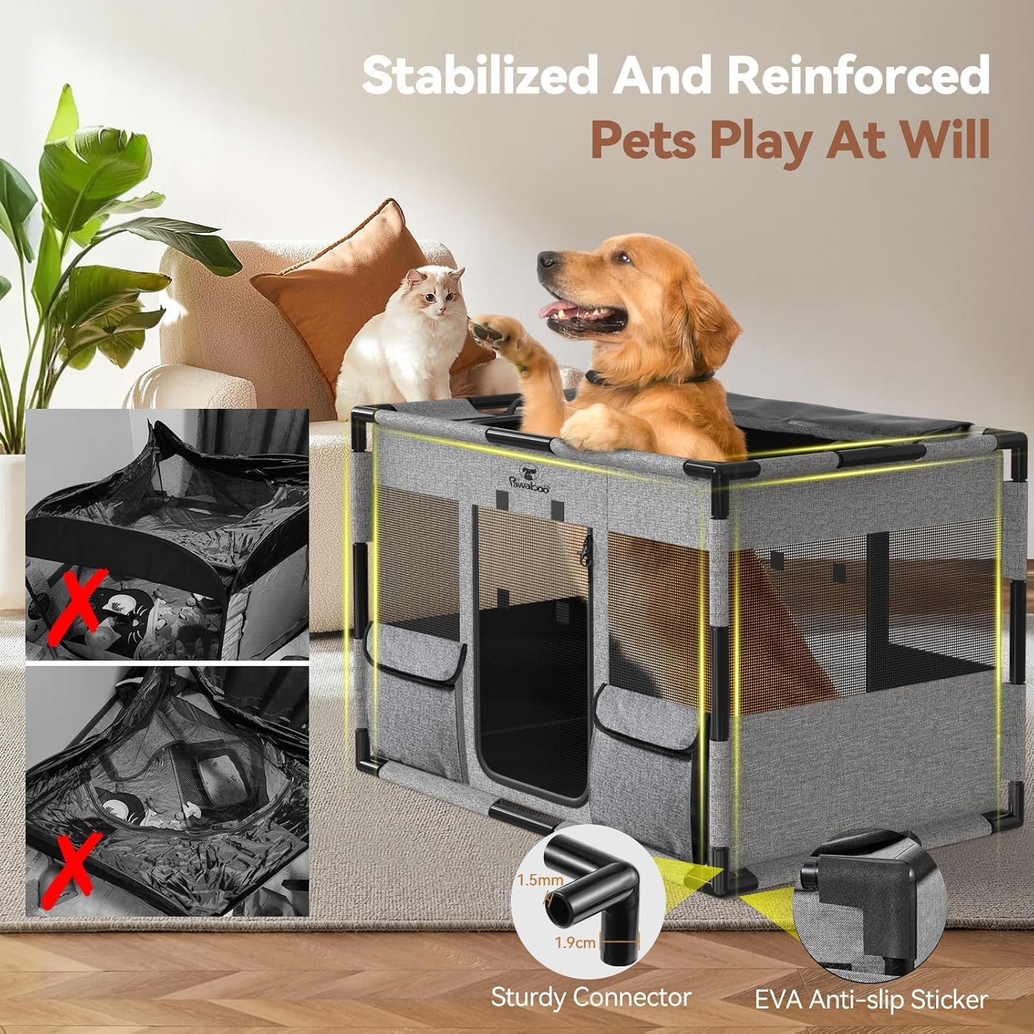 Pawaboo Box per Cani Cassa per Animali Domestici Extra Large, Cuccia per Cani in Rete, PVC Ispessito Telaio del Tubo Tenda, Recinto per Animali Domestici Traspirante, Grande, Nero & Grigio