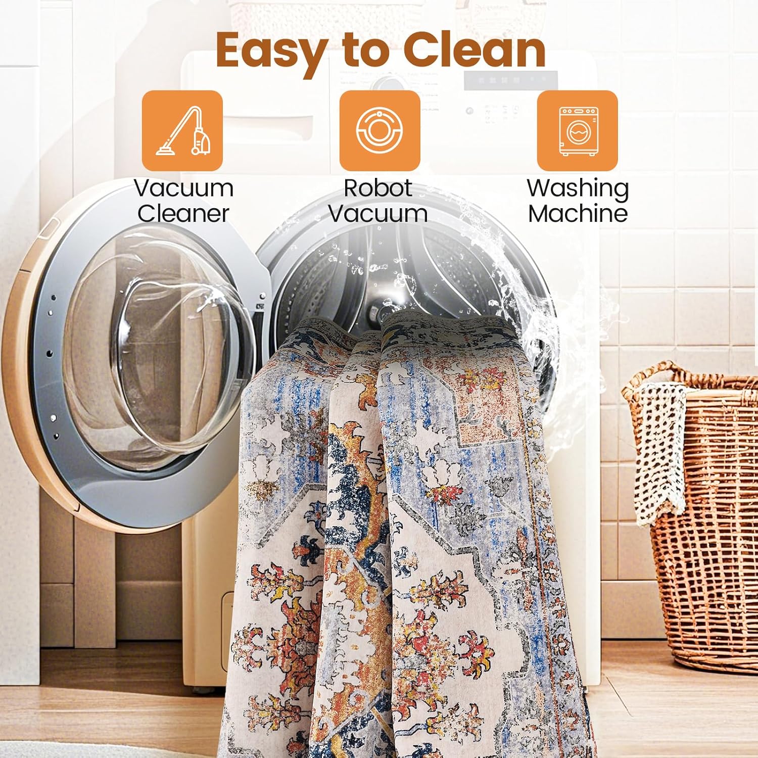 3x5ft Machine Washable Area Rug, Ultra Soft Rugs with Non-Slip Backing & Durable Edge Binding, Vintage Fluffy Indoor Low-Pile Carpet for Living Room, Bedroom, Dinning, Kitchen