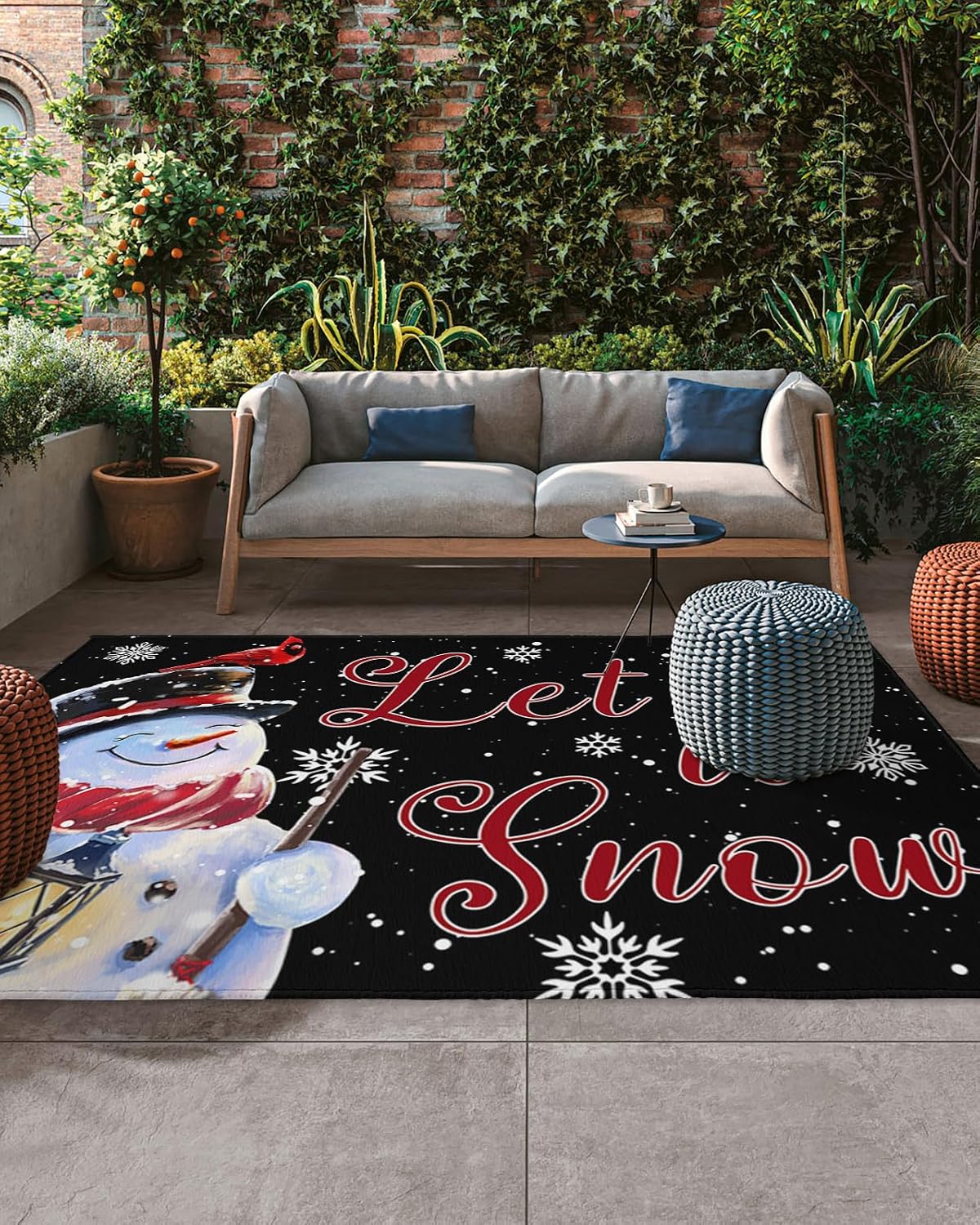 Outdoor Rug, Christmas Snowman Snowflake Oil Bird Scarf Winter Black Background Absorbant Non-Slip Area Rugs Mat Carpet for Patio Balcony Porch Backyard Deck Rv Camping 4x6 ft
