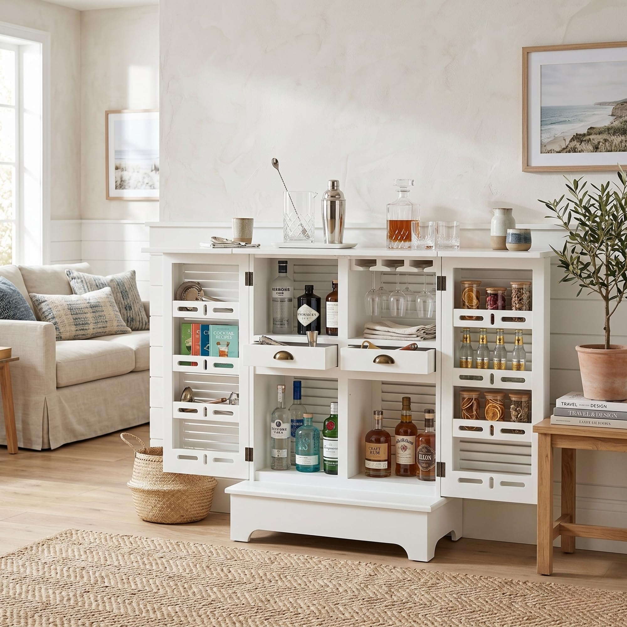 APRODZ Mango Wood Downer White Bar Cabinet with Wine Glass Storage for Living Room, Standard (bc-11)-image-13