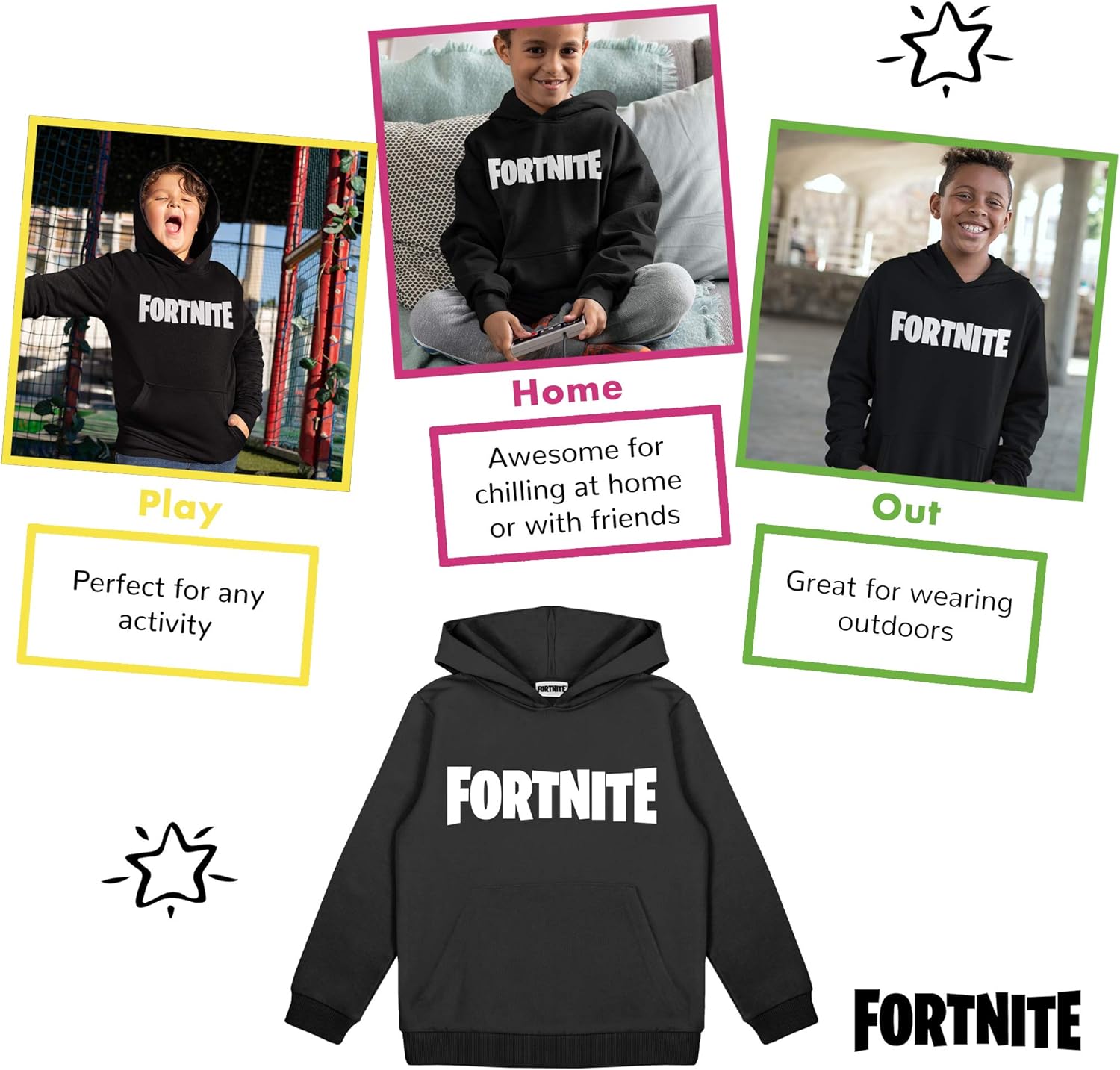 Fortnite Text Logo Pullover Hoodie, Kids, 7-15 Years, Black, Official Merchandise - Image 4