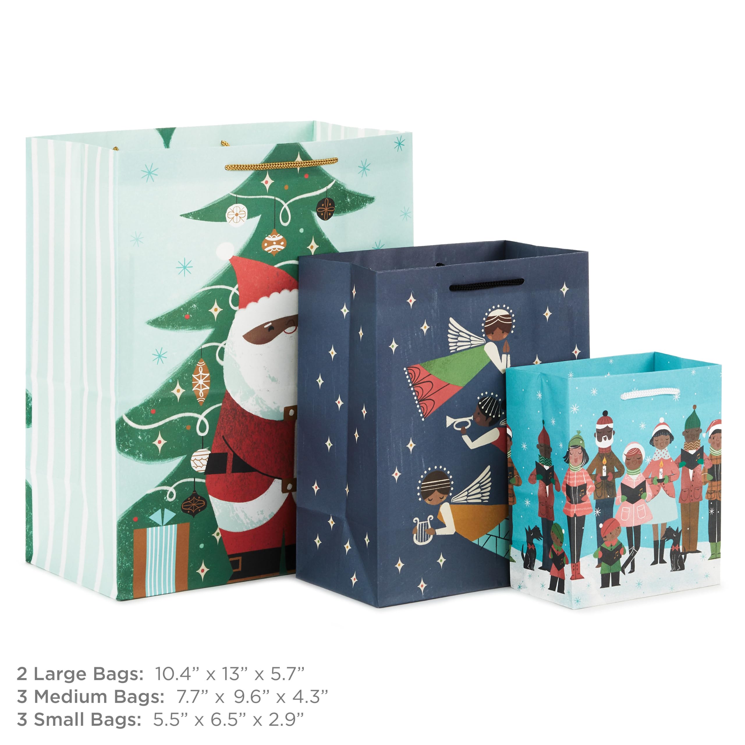 Hallmark Mahagoni-Geschenktüten-Sortiment (8 Tüten; 3 kleine 15,2 cm, 3 mittelgroße 22,9 cm, 2 große 33 cm), schwarzer Weihnachtsmann, afrikanisch-amerikanische Engel, Carolers