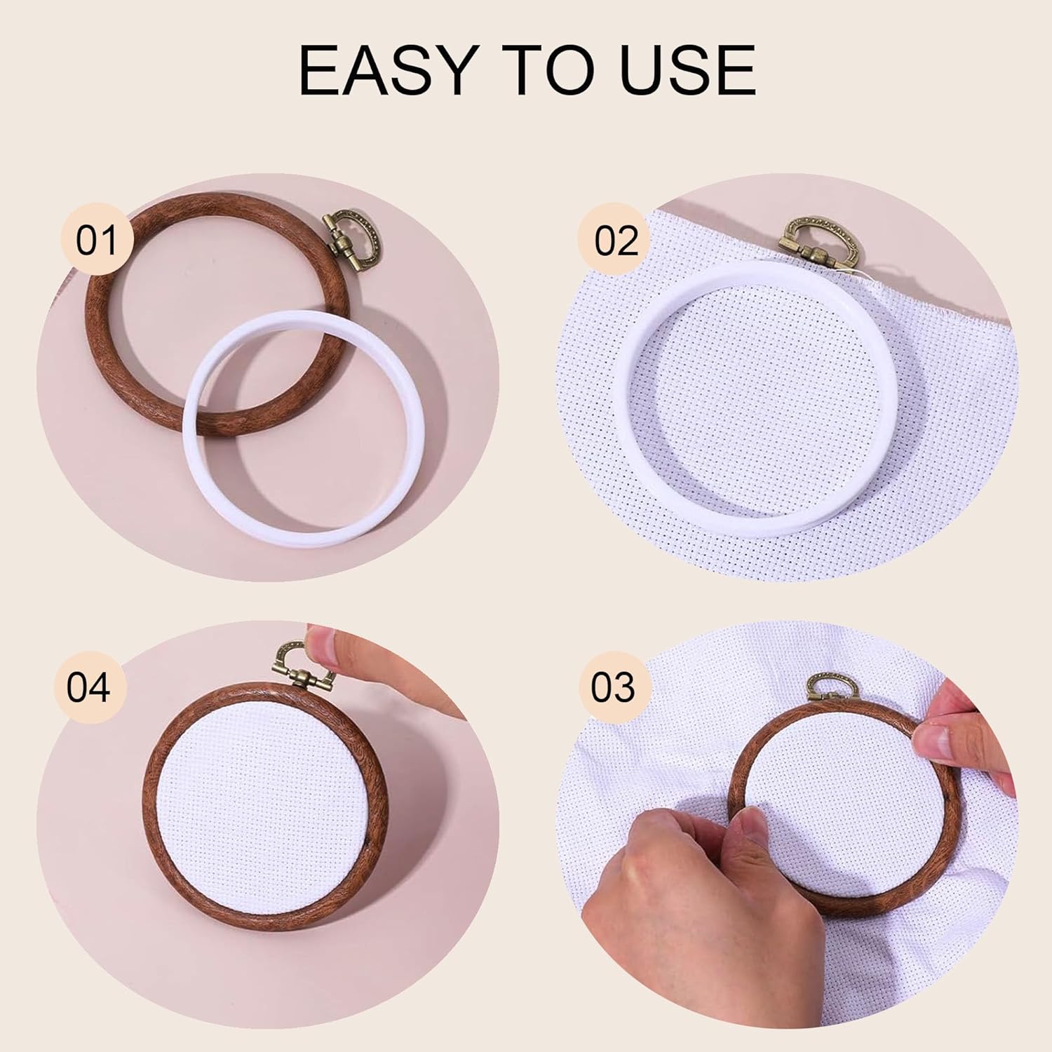 Daywhote 20Pcs Embroidery Hoops, 3 Inches Cross Stitch Supplies Rubber Plastic Imitated Wood Cross Stitch Hoop with Retro Patterns for Sewing DIY Crafts Hanging Ornaments