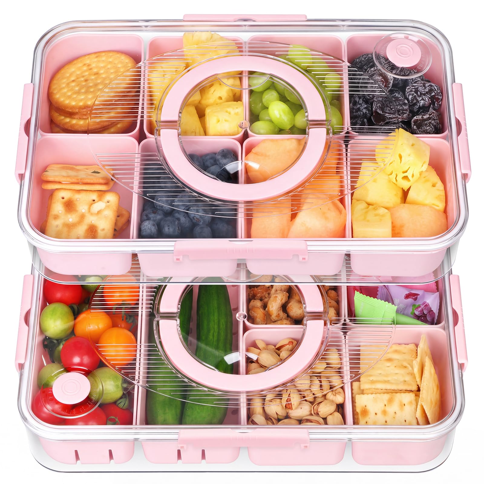 Bryze 2Pack Divided Snackle Box with Lid and Handle, Stackable Serving Tray with Removable Compartments, Multi-Grid Food Organizer for Travel, Appetizers, Charcuterie, Bento, Picnic Snacks (Pink)