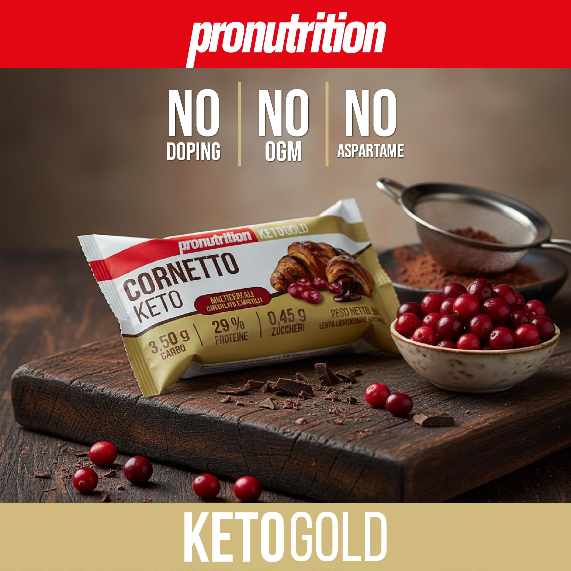 ProNutrition Cornetto keto multicereali (50 gr, Cioccolato e mirtilli) – Brioche keto sfogliata senza zuccheri aggiunti con 3,50 gr di carboidrati – Ideale per colazione o spuntini – Made in Italy