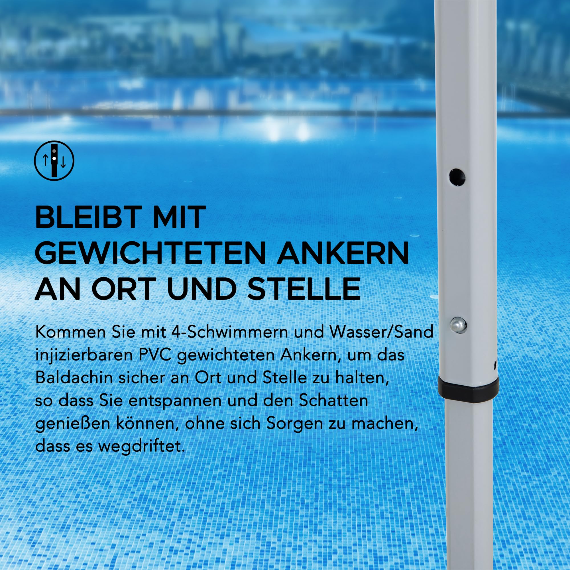 SUNJOY 3 x 3 m Pop Up Pool Pavillon mit UPF 50+ Sonnendach, Stahlrahmen, höhenverstellbar, schwimmender Outdoor Pavillon mit PVC Schwimmkörpern, Handpumpe und Tragetasche
