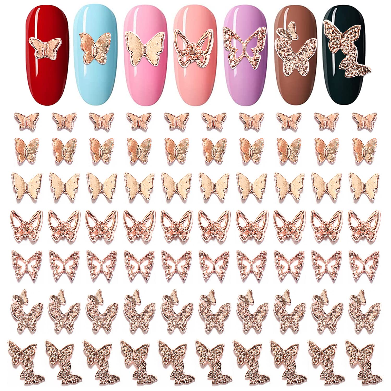 WOKOTO 70Pcs Rose Gold 3D Nail Burrerfly Charms For Nails Nail Gems For Nail Art Charms Butterfly Rose Gold Nail Charms Nail Decorations For Nail Art Jewelrys Butterflies Nail Studs Designs Charms KIT3 Rose Gold Butterfly