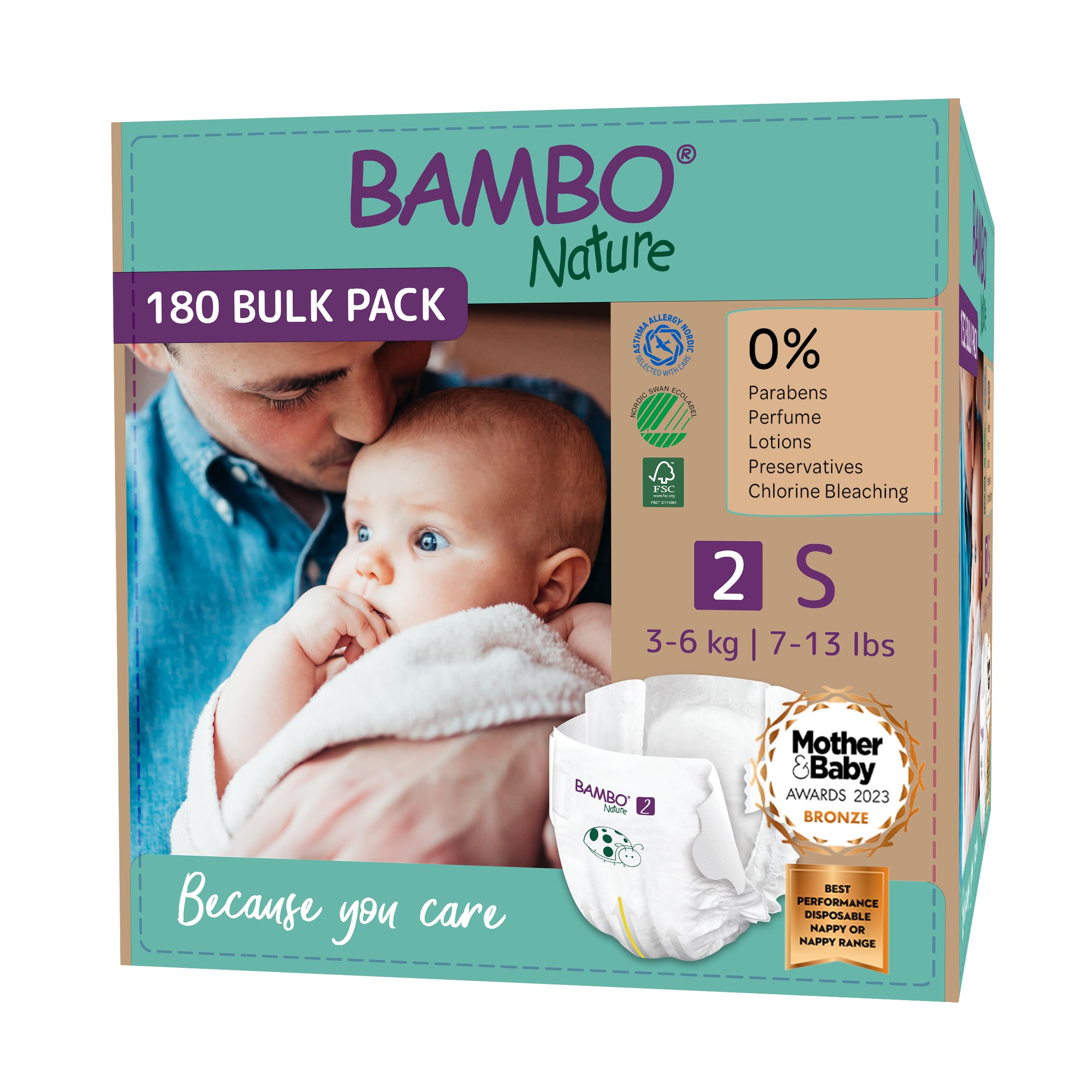 Bambo Nature Premium Eco Nappies, Size 2 Nappies (7-13lb/3-6kg), Mini, 180PK Eco-Labelled Nappy, Enhanced Leakage Protection, Secure and Comfortable Baby Nappies