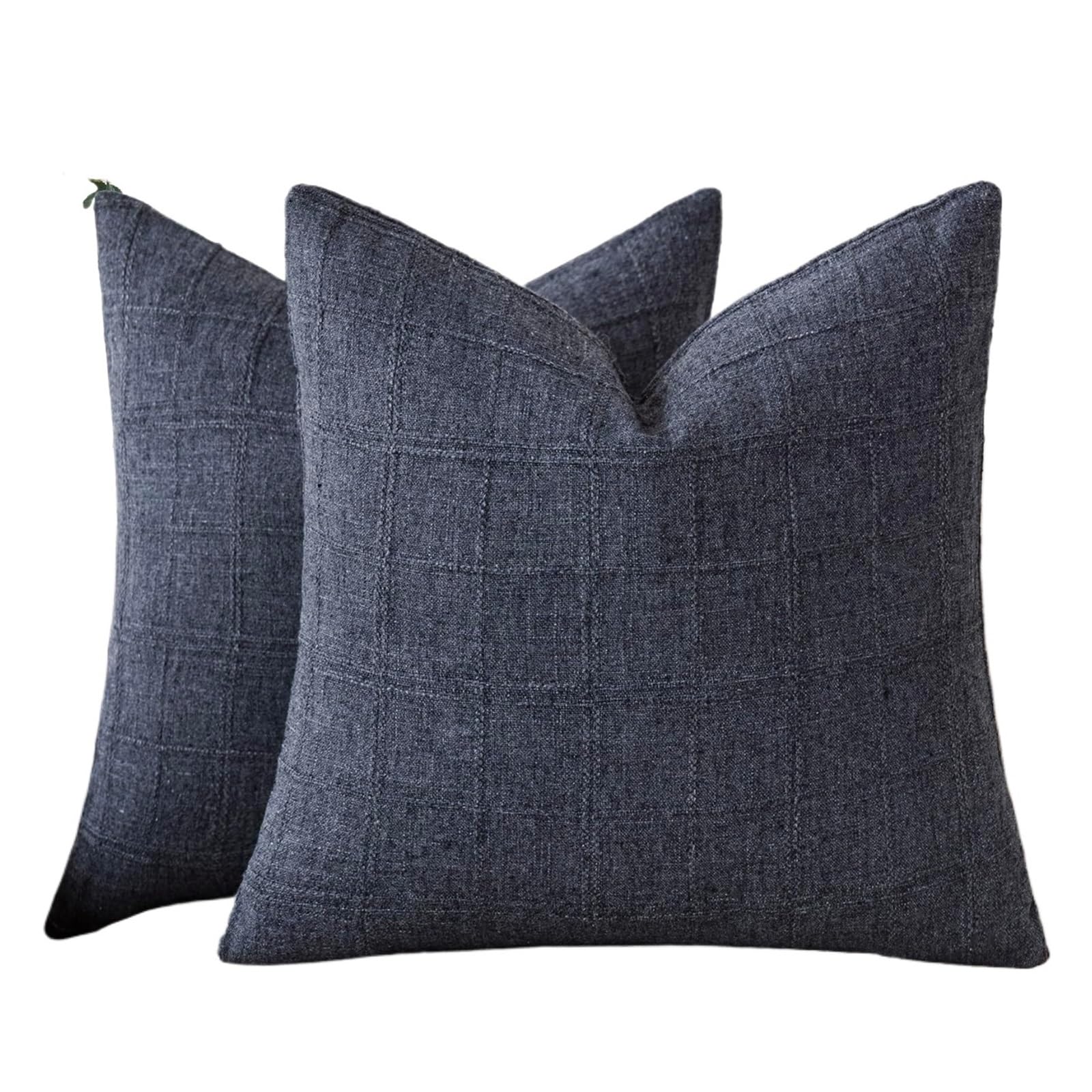 Set of 2 Decorative Linen Check Throw Pillow Covers Neutral Farmhouse Vintage Cushion Modern Boho(Blue,450x450mm)