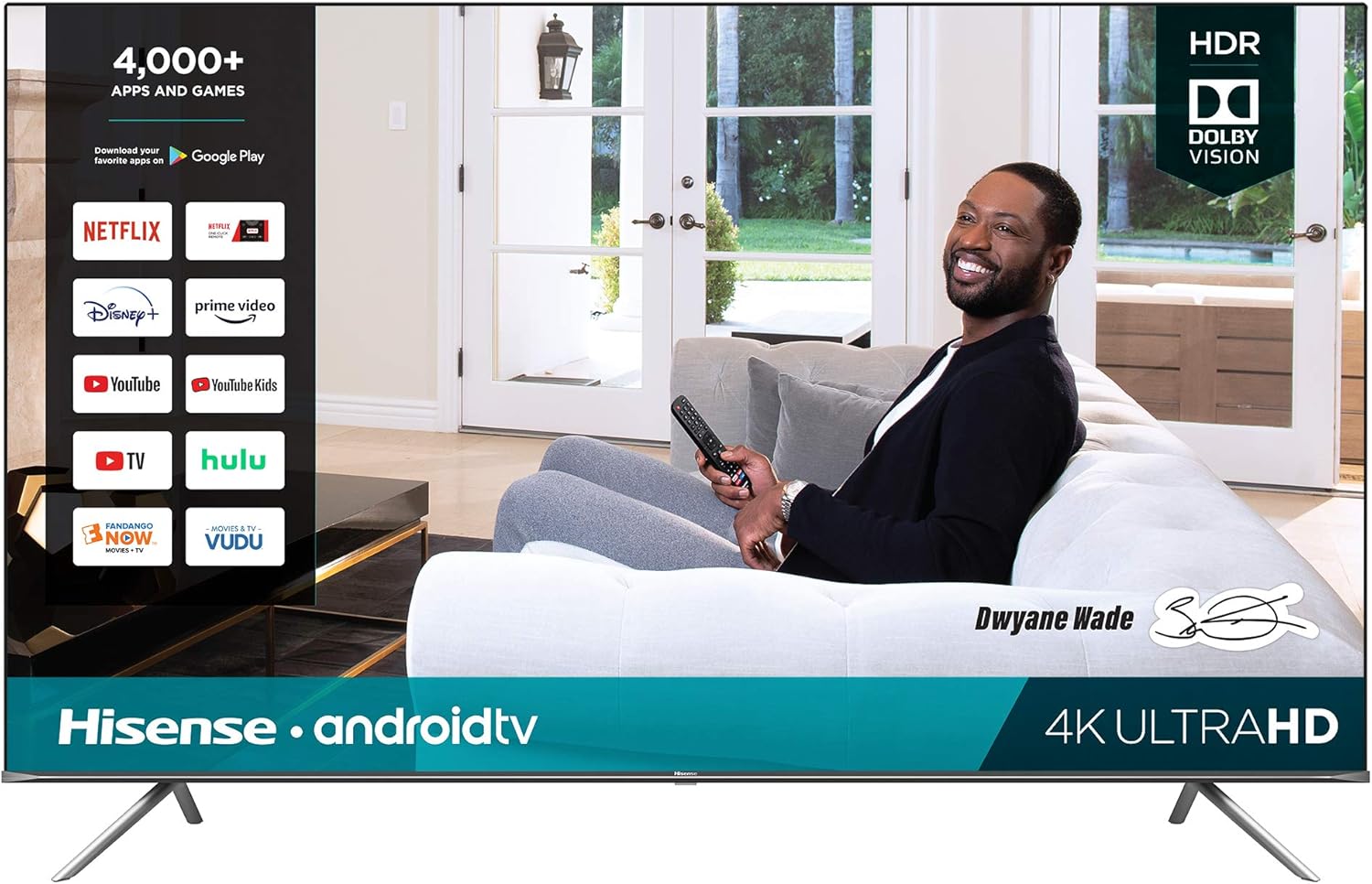 Hisense 85-Inch 4K UHD Android Smart TV displaying various streaming app icons and a person on a couch.