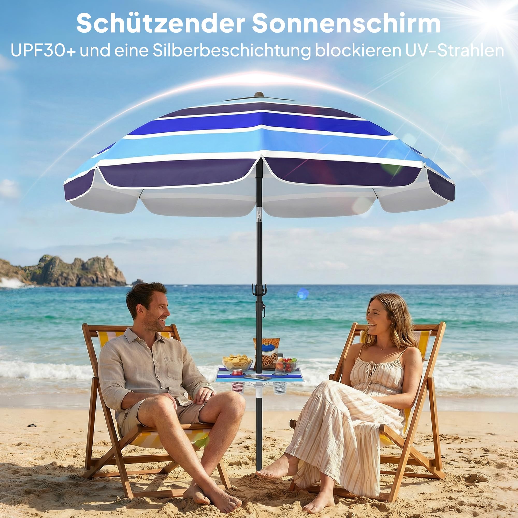 Outsunny Sonnenschirm Strand Ø198 cm UV30+ Strandschirm mit klappbar Tisch Getränkehalter verstellbarer Neigung Balkon-Schirm mit Tragetasche Haken Gartenschirm für Reisen Strand Camping Mehrfarbig