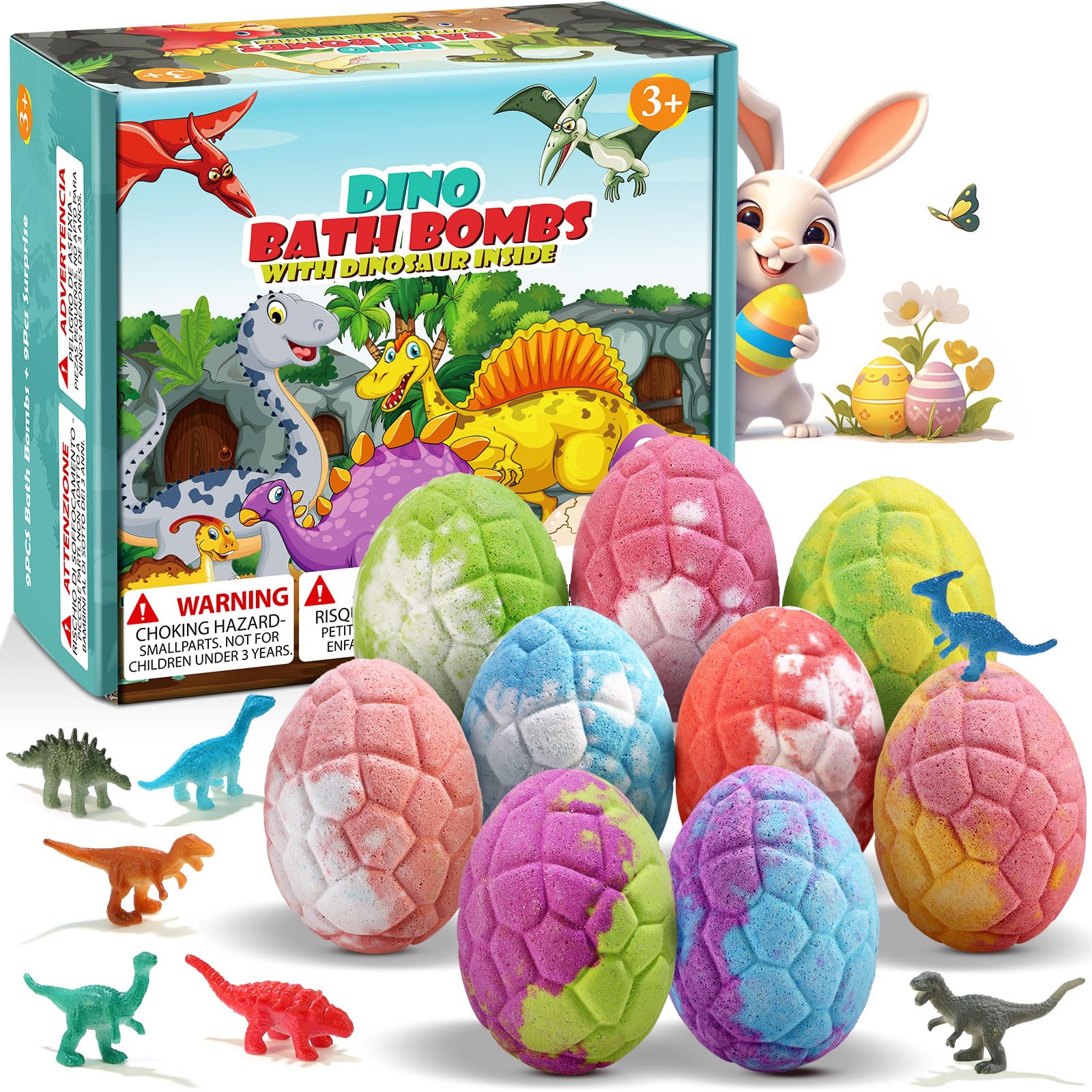 Bath Bombs for Kids with Dinosaur Toys Inside Easter Basket Stuffers 9 Pack Natural Organic Dinosaur Bath Bombs
