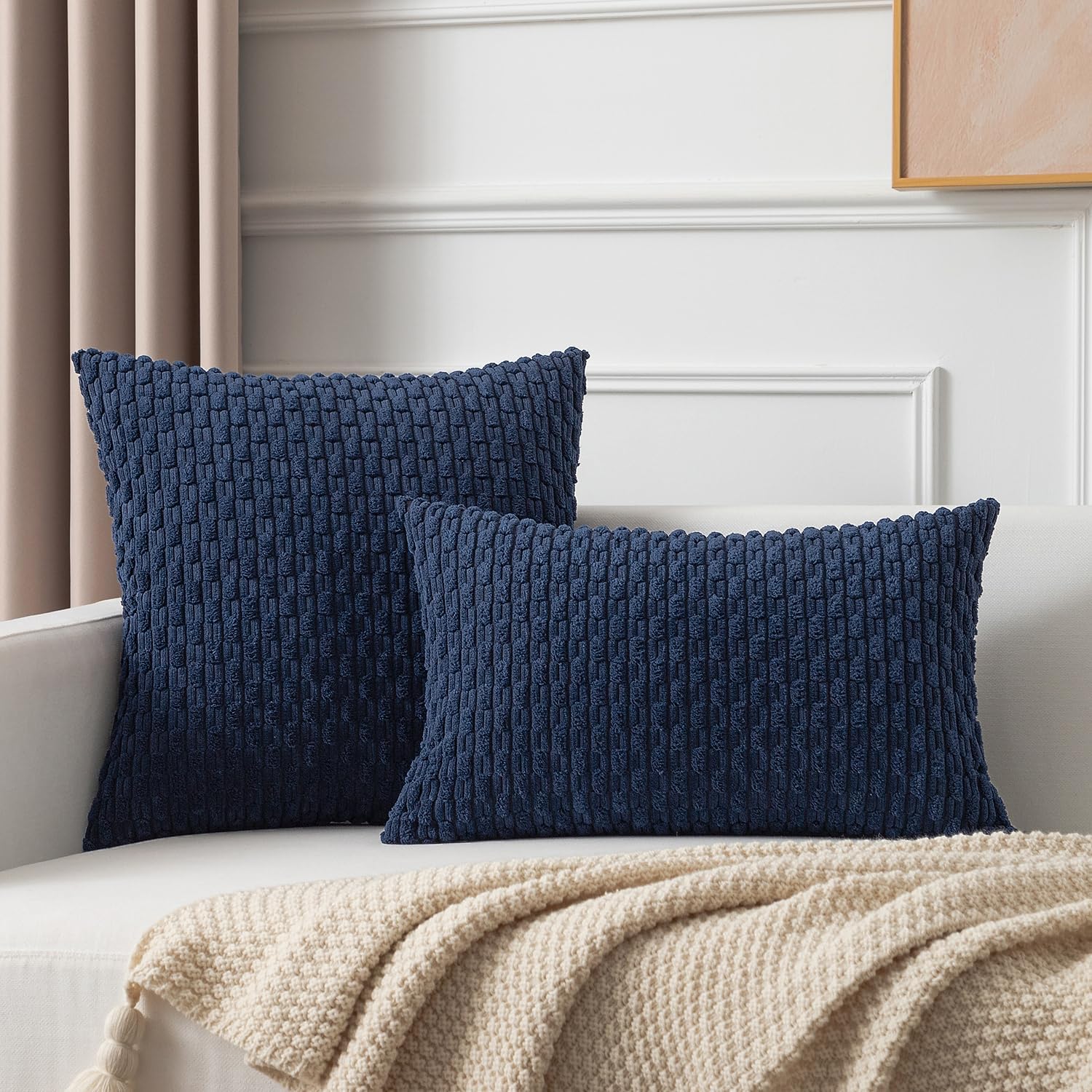 Kevin Textile Pillow Covers Decorative Set of 2 Striped Corduroy Plush Velvet Pillowcases Cushion Cover for Couch 18x18 Inch Navy Blue - Image 4