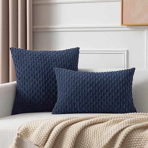 Miniatura 4 de Kevin Textile - Juego de 2 fundas decorativas para cojines, de pana aterciopelada y felpa supersuave a rayas para decorar la cama (24 x 24 in, azul