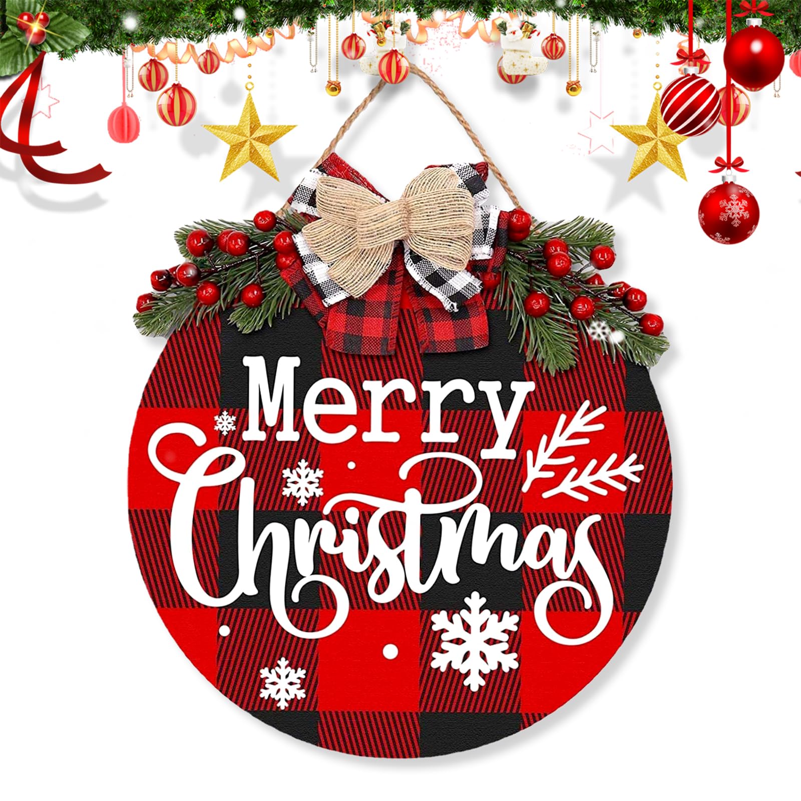 MytaYt Letrero de Navidad para Puerta, 30 x 30 cm Letrero Madera Navidad, Decoracion Navidad Puerta con Texto en Inglés "Merry Christmas", para Puerta Principal Porche Ventana