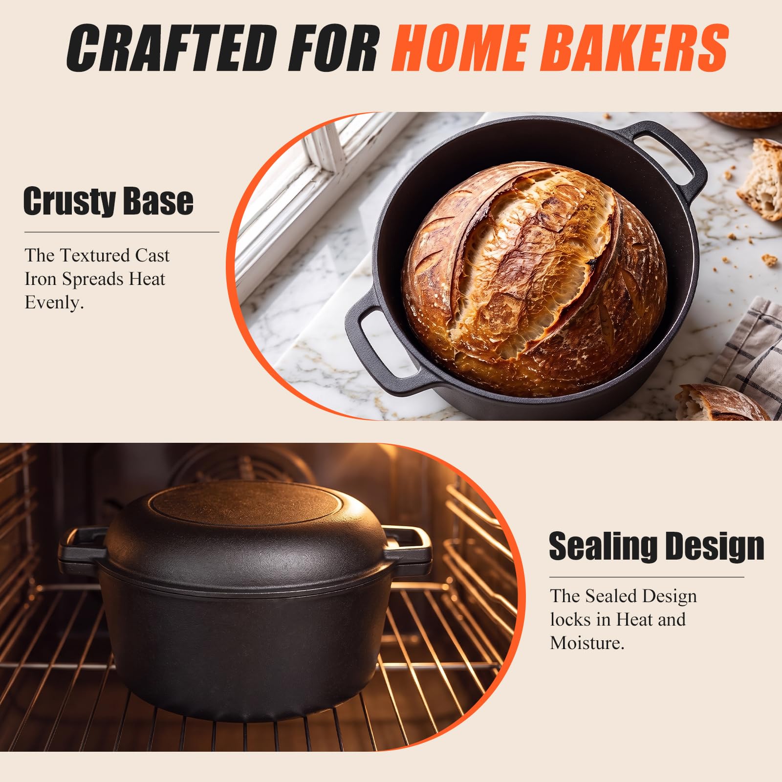 GFTIME Olla de hierro fundido de 26 cm para hornear pan, incluye 2 en 1, sartén con tapa de sartén, olla ideal para pan, pan fermentado, accesorios para hornear pan tostado