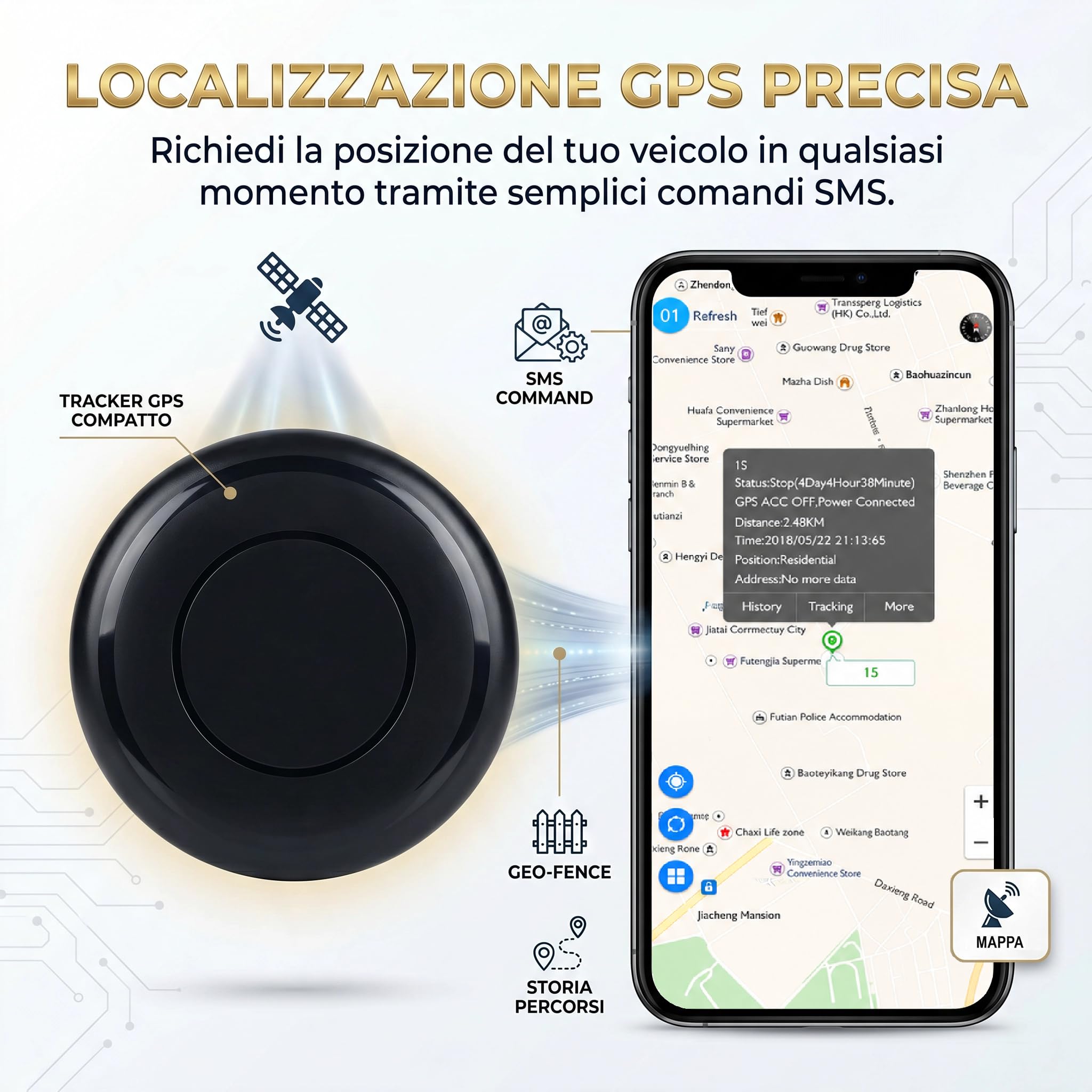 Localizzatore GPS per Auto e Moto, Posizione in Tempo Reale, Allarme SOS, Base Magnetica, Modalità Intelligente di Risparmio Energetico (GeoTrack)