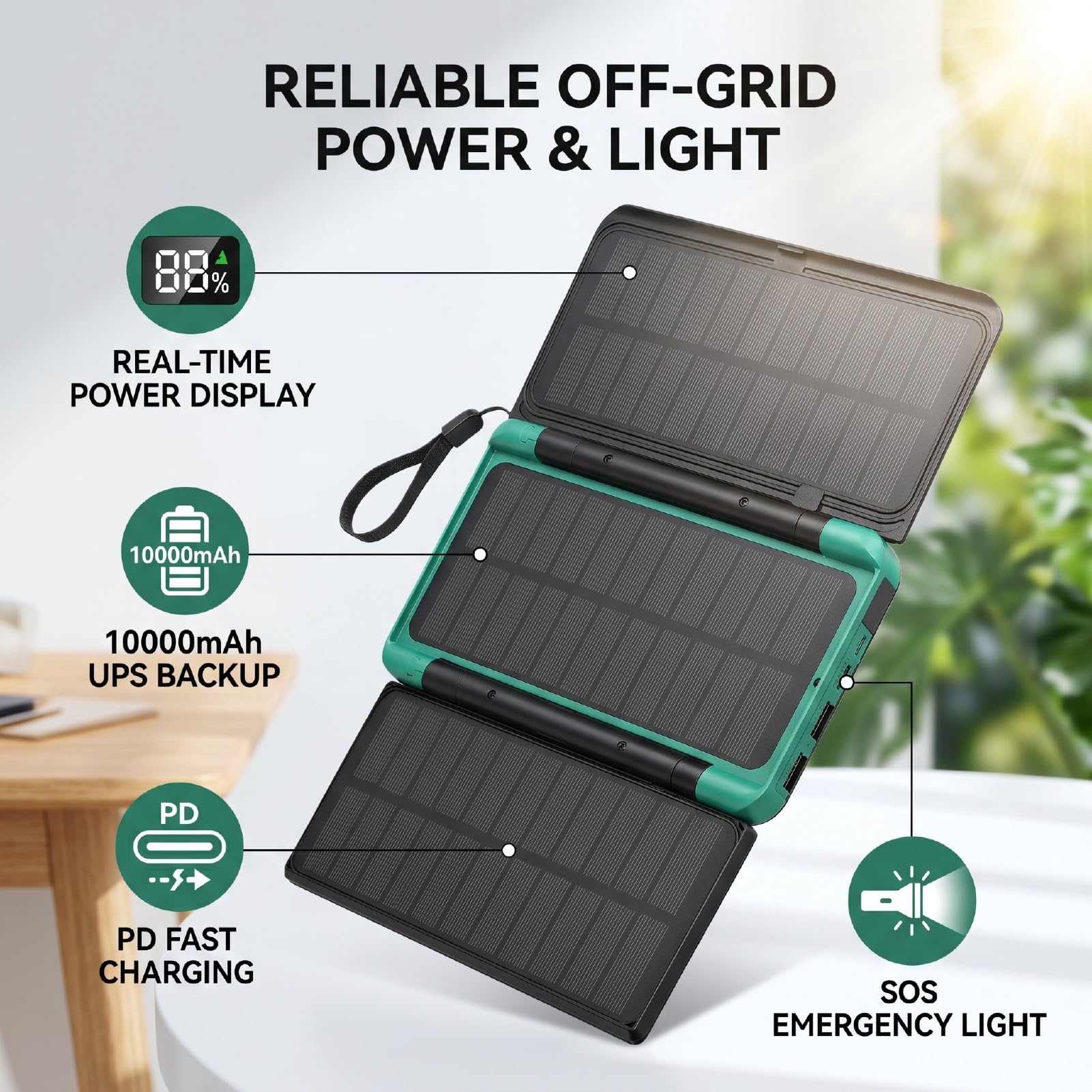 Focket Solar Power Bank, capacità 10000mAh 3 Pannelli Solari Pieghevoli