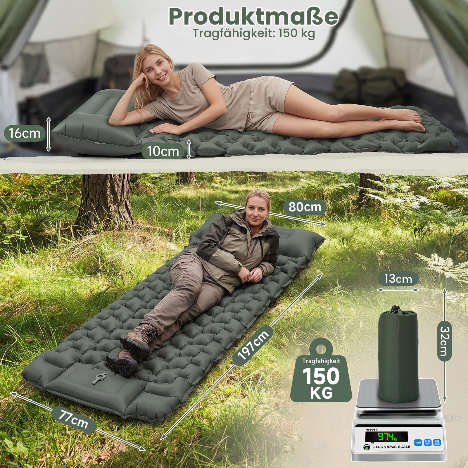 HAUSPROFI Isomatte Camping Luftmatratze extra breit, Ultraleicht, aufblasbar – mit integriertem Kissen & Fußpumpe, 196x70x9 cm, 40D TPU, kleines Packmaß für Outdoor & Reisen (Armeegrün)
