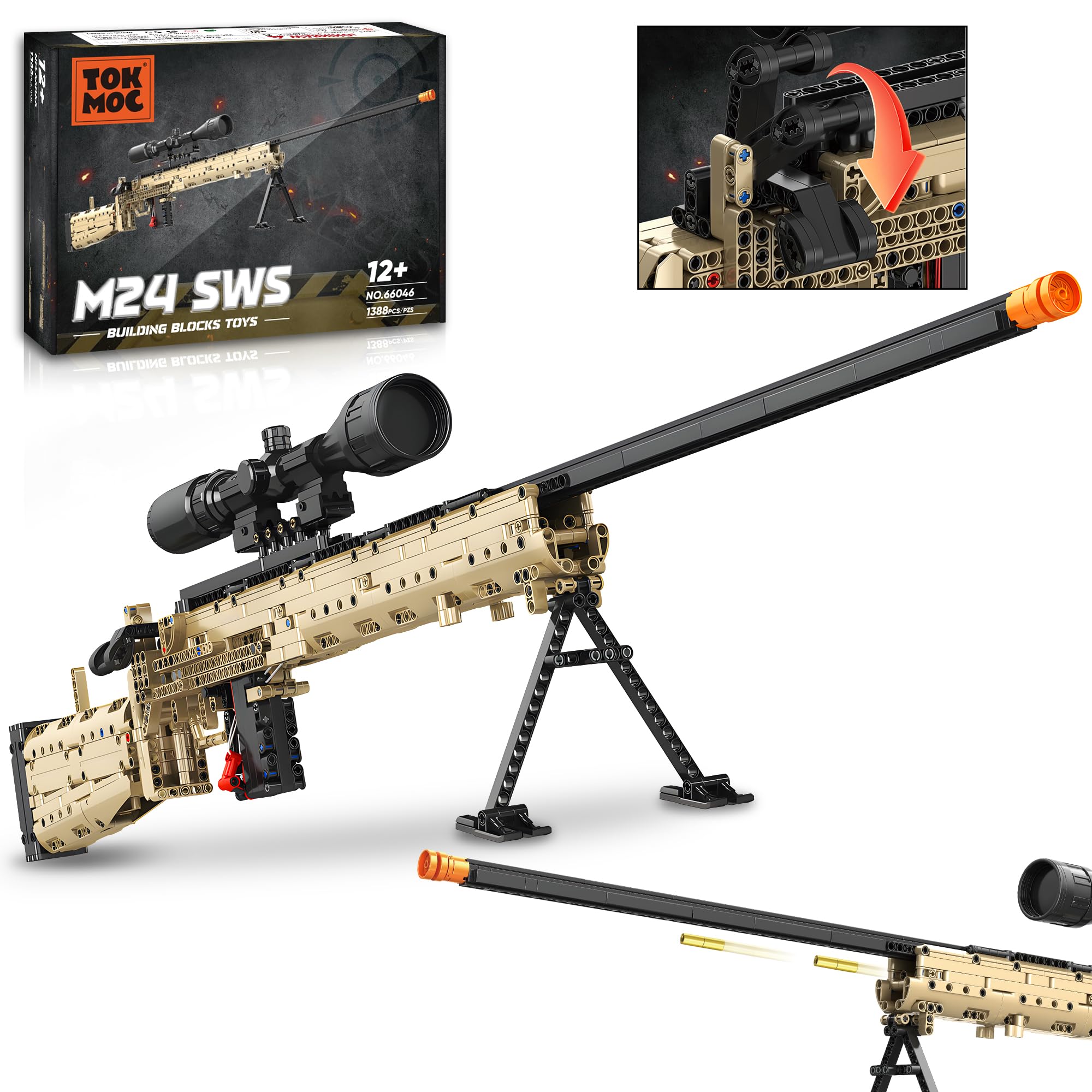 Fluorspar blaster Building Block Gun for Adults, 1: 1 M24 Model Gun That Shoot Educational Toys DIY Assembling Building Toys Set for Boys Age 14+, Collectible Gift for Toy Lovers, 1388Pcs