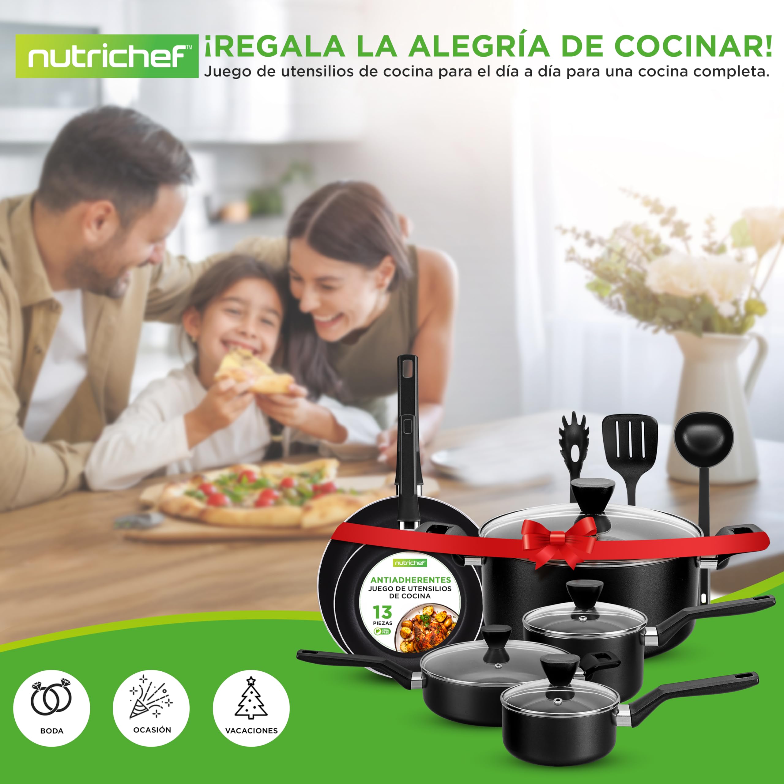 Nutrichef bateria de cocina, 13 piezas, Tapas Antiadherentes, Resistentes al calor, Cacerola, Sartenes, Ollas, Cazuela, Cucharon, Tenedor y Colador, Color negro