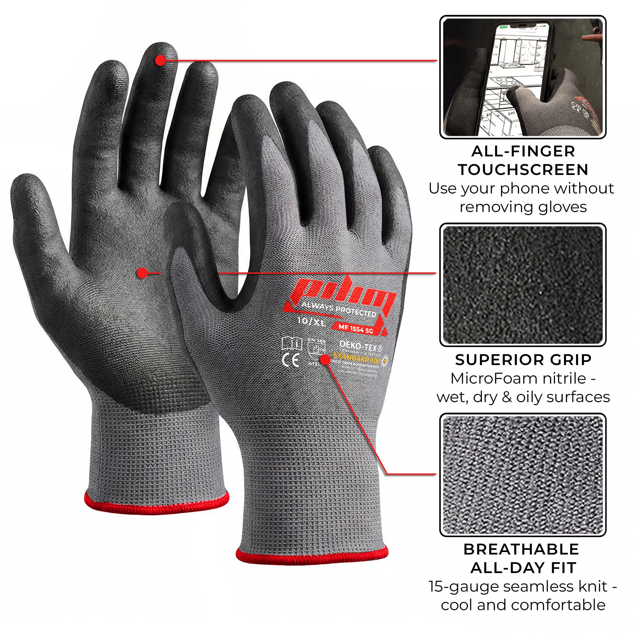 Guantes de seguridad de nitrilo Microfoam - Guantes antideslizantes muy resistentes para construcción, jardinería y mecánica