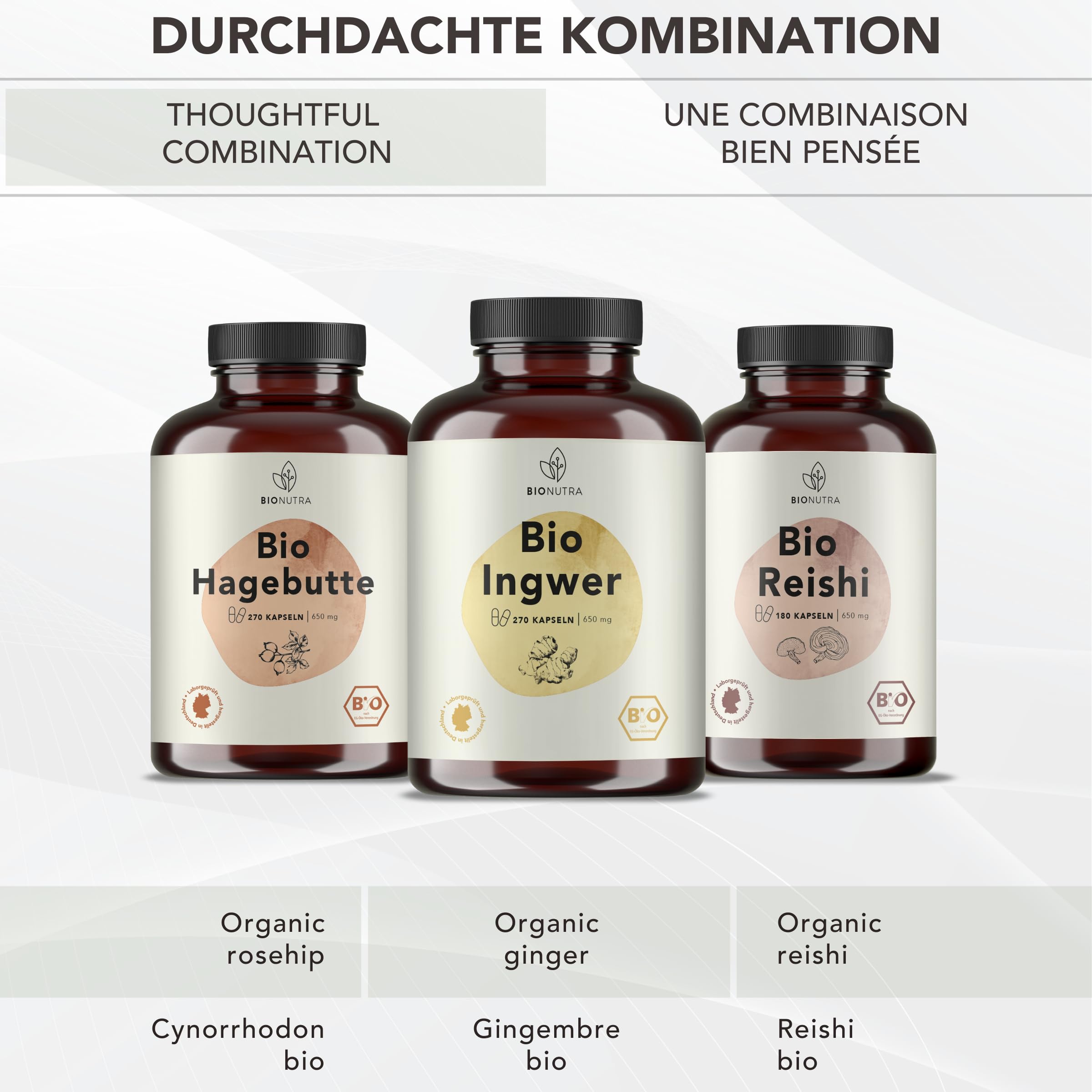 BIONUTRA® Capsule di zenzero biologico, alto dosaggio 1300 mg/giorno, controllo residui, produzione tedesca, vegane, senza lattosio né glutine, senza additivi, radice di zenzero bio, 270 x 650 mg